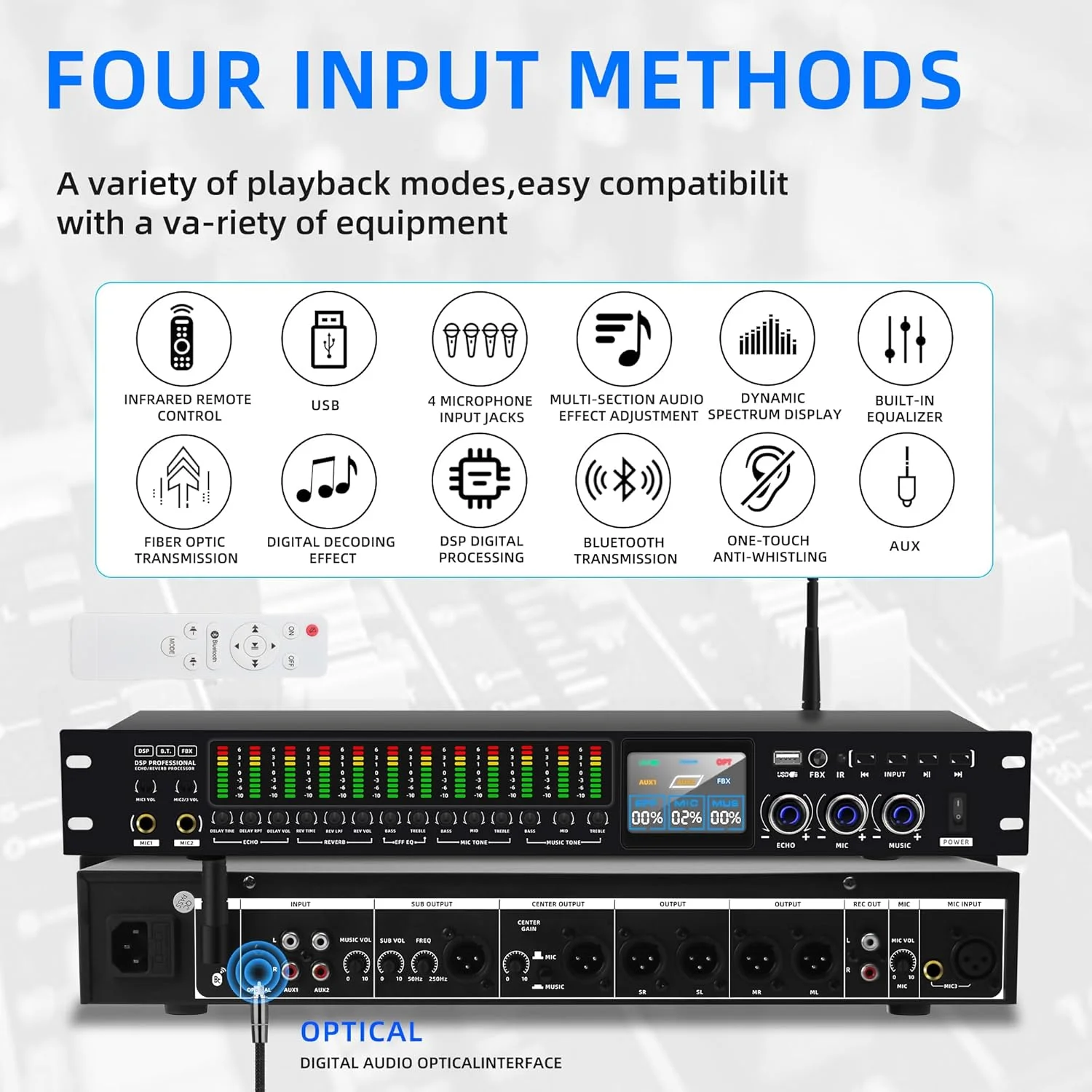 پردازشگر صوتی حرفه ای KTV دیجیتال، میکسر کارائوکه با افکت DSP، اکو، USB، MP3، بلوتوث، ورودی اپتیکال و 4 میکروفون به همراه کنترل از راه دور