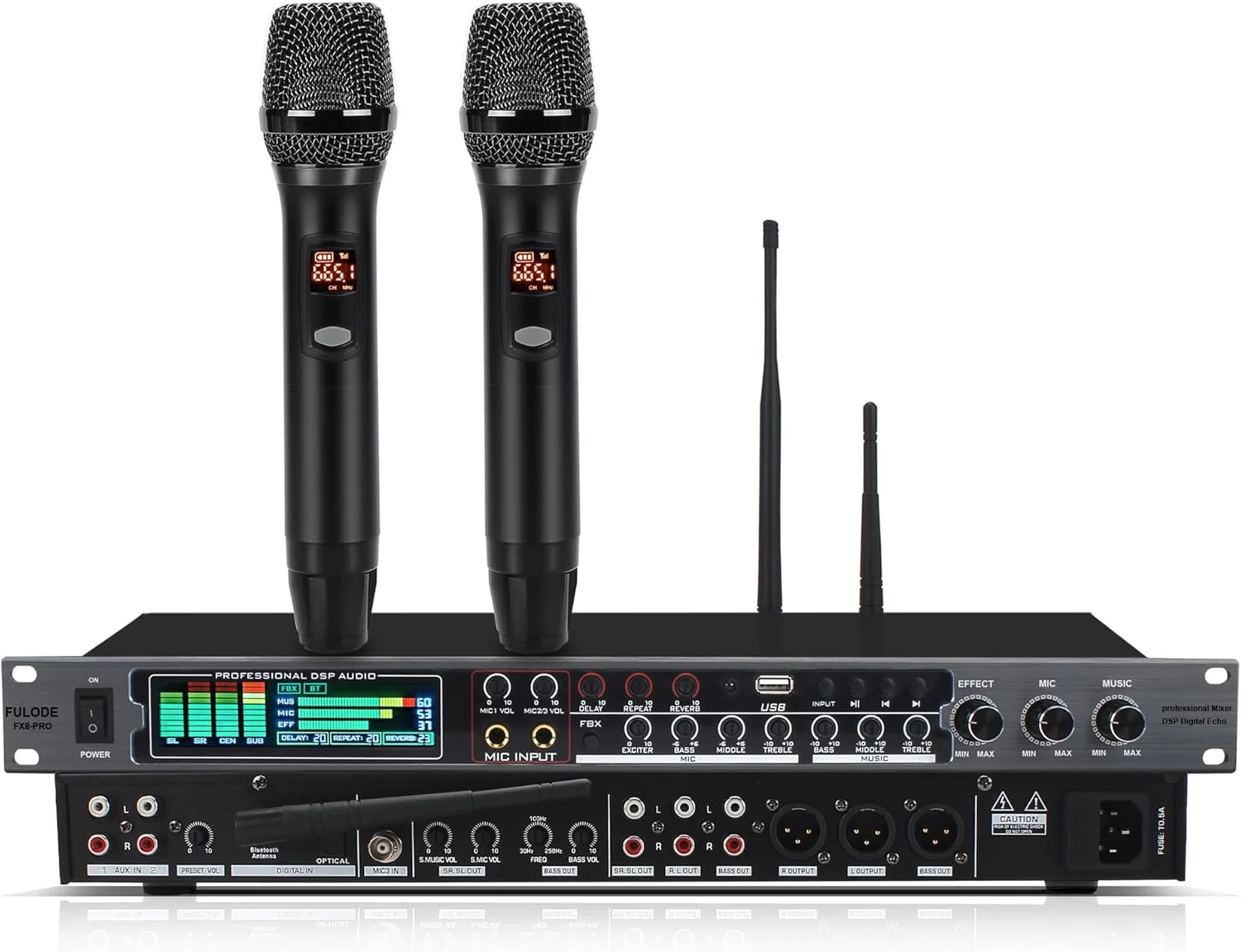 میکسر دیجیتال FX8-III با افکت ریورب، میکروفون، پردازنده صوتی کارائوکه KTV و ضد فیدبک (میکروفون دوتایی، مشکی)