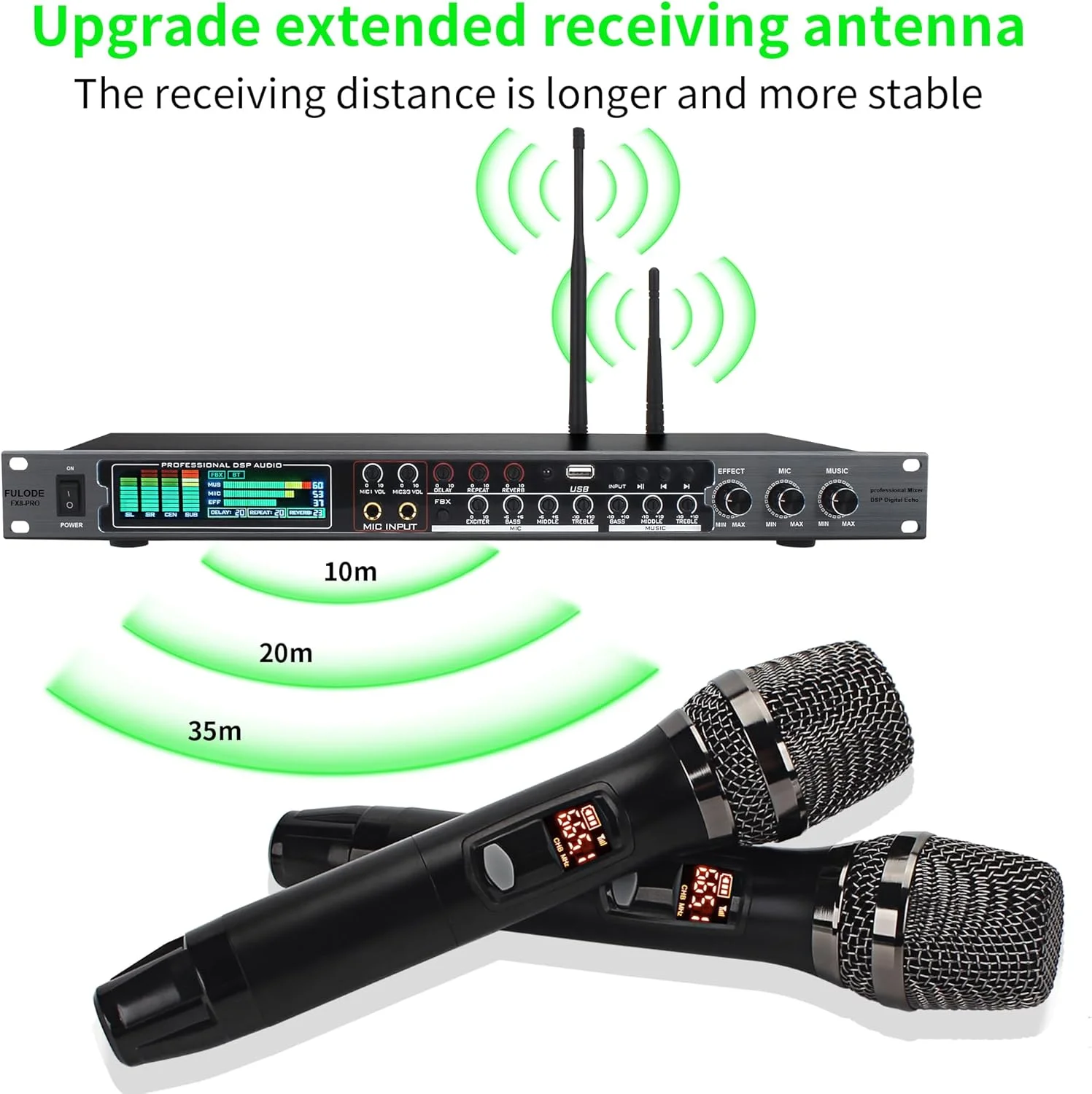 میکسر دیجیتال FX8-III با افکت ریورب، میکروفون، پردازنده صوتی کارائوکه KTV و ضد فیدبک (میکروفون دوتایی، مشکی)