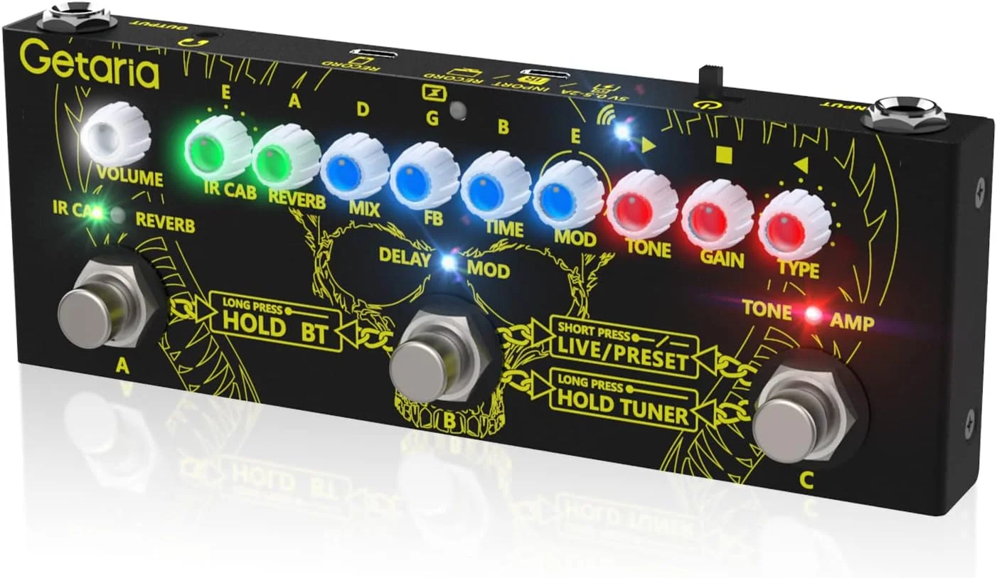 پدال افکت گیتار با پردازنده چند افکتی قابل حمل با شارژ IR، ویرایش، ذخیره سازی، بلوتوث، ضبط، تیونر، هدفون/تقویت کننده 3.5 میلی متری، باتری داخلی