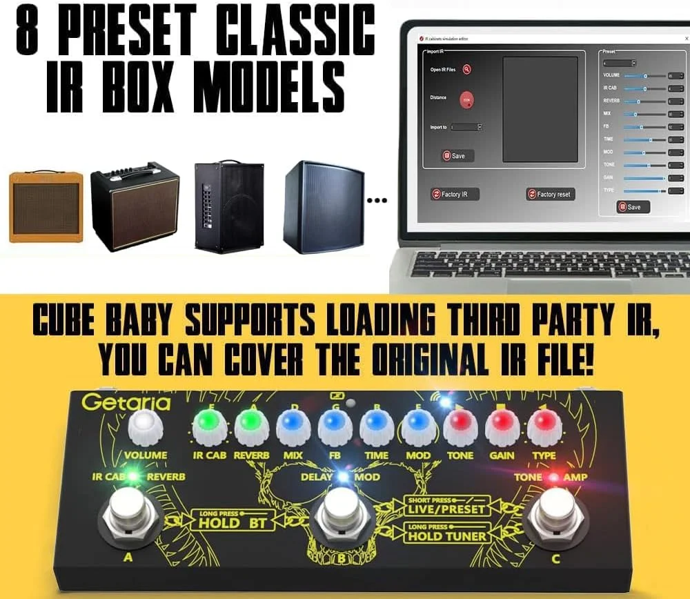 پدال افکت گیتار با پردازنده چند افکتی قابل حمل با شارژ IR، ویرایش، ذخیره سازی، بلوتوث، ضبط، تیونر، هدفون/تقویت کننده 3.5 میلی متری، باتری داخلی