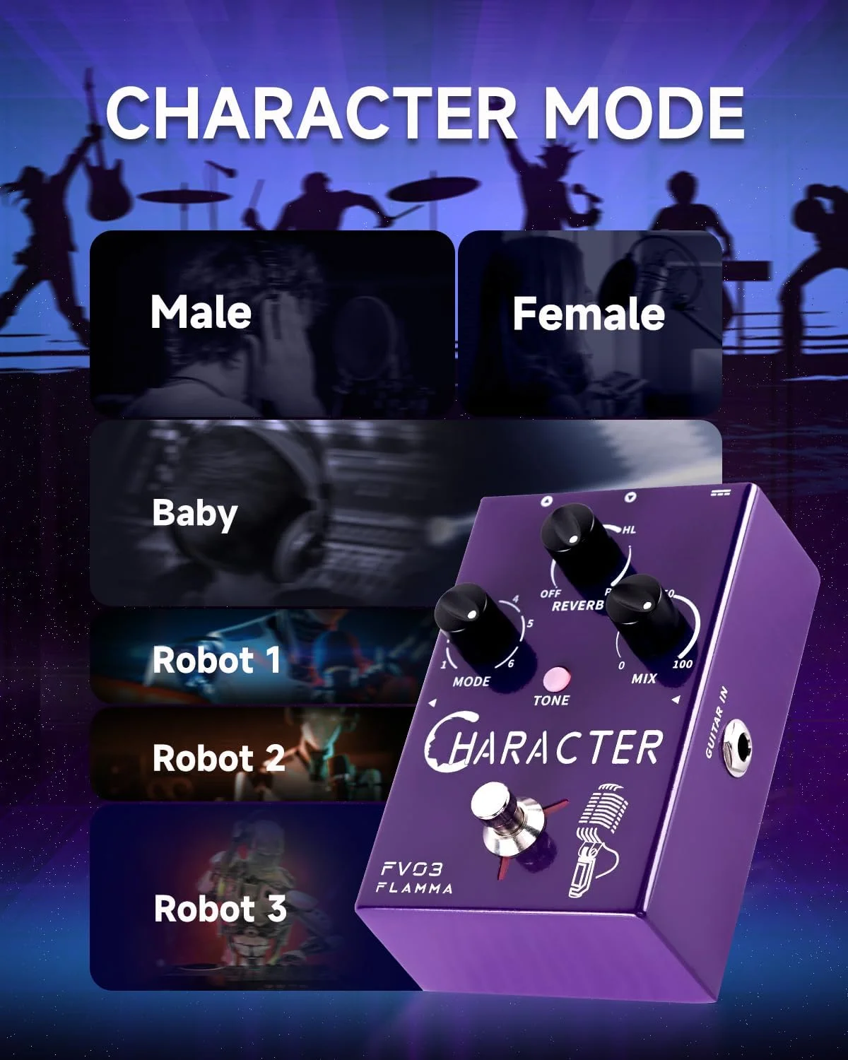 پدال افکت های صوتی FLAMMA FV03، تغییر صدا به ربات، مرد، زن، کودک، با افکت های تاخیر و ریورب برای بهبود صدا، شامل ورودی گیتار با افکت ریورب اختیاری گیتار