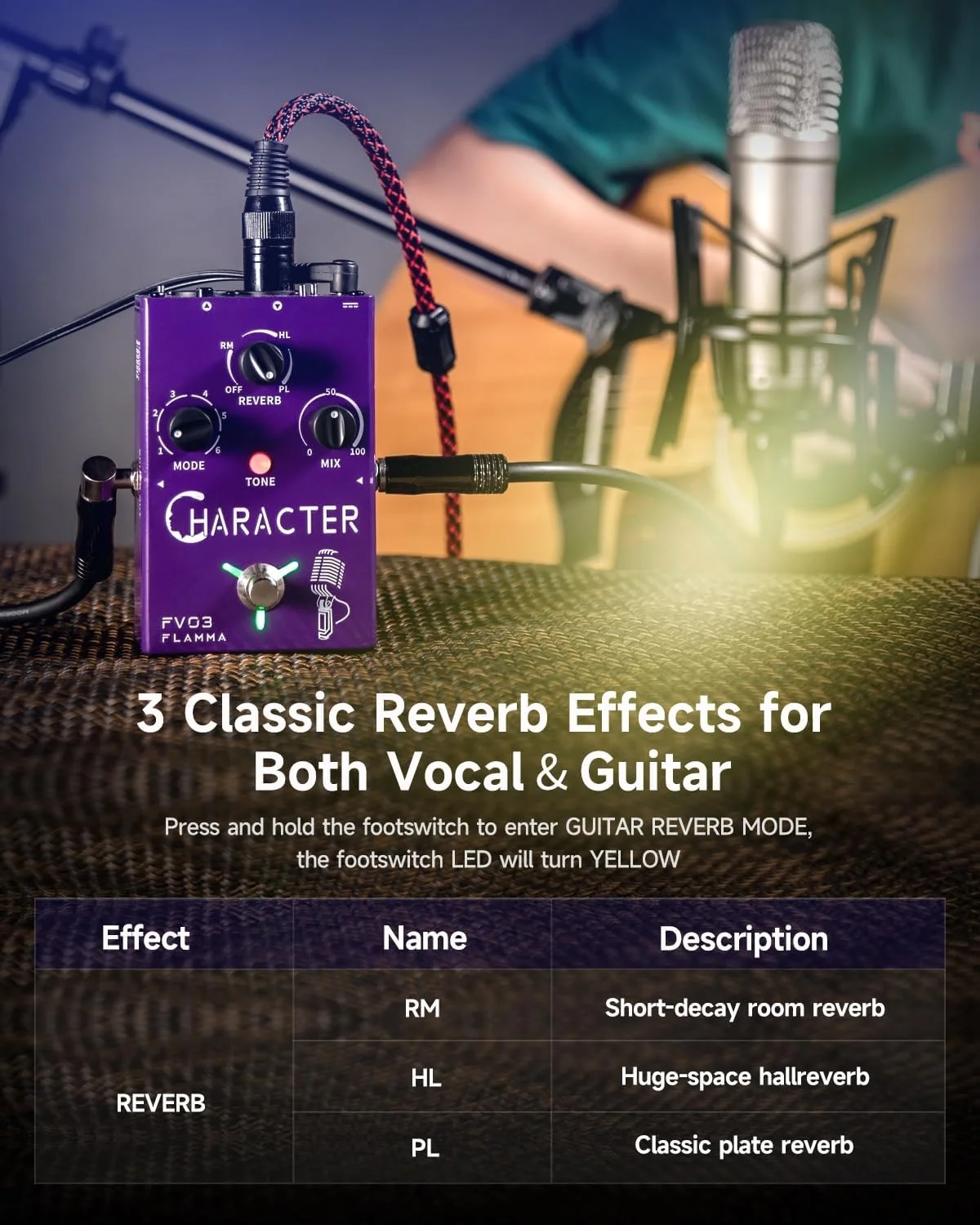 پدال افکت های صوتی FLAMMA FV03، تغییر صدا به ربات، مرد، زن، کودک، با افکت های تاخیر و ریورب برای بهبود صدا، شامل ورودی گیتار با افکت ریورب اختیاری گیتار