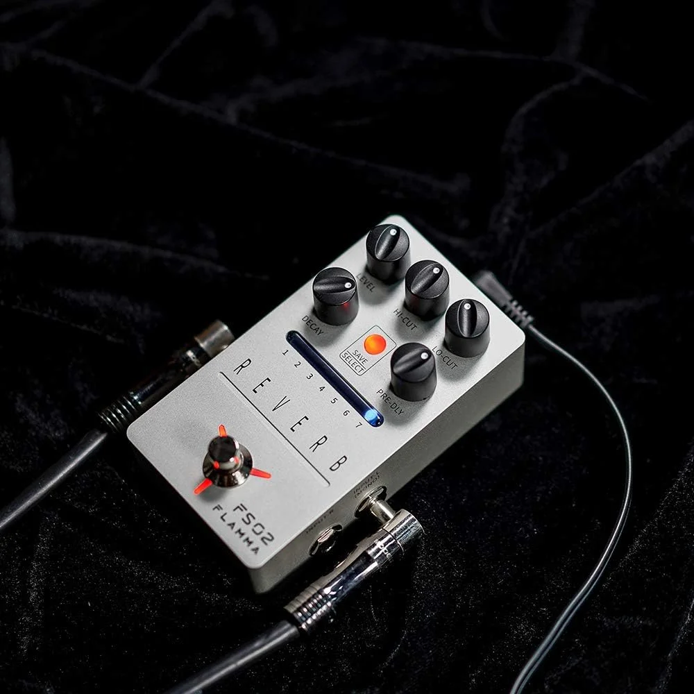 پدال ریورب استریو دیجیتال گیتار FLAMMA FS02 با 7 اسلات از پیش تعیین شده قابل ذخیره، 7 افکت ریورب، Room Hall Church Cave Plate Spring Mod، ترو بای پس، Trail On