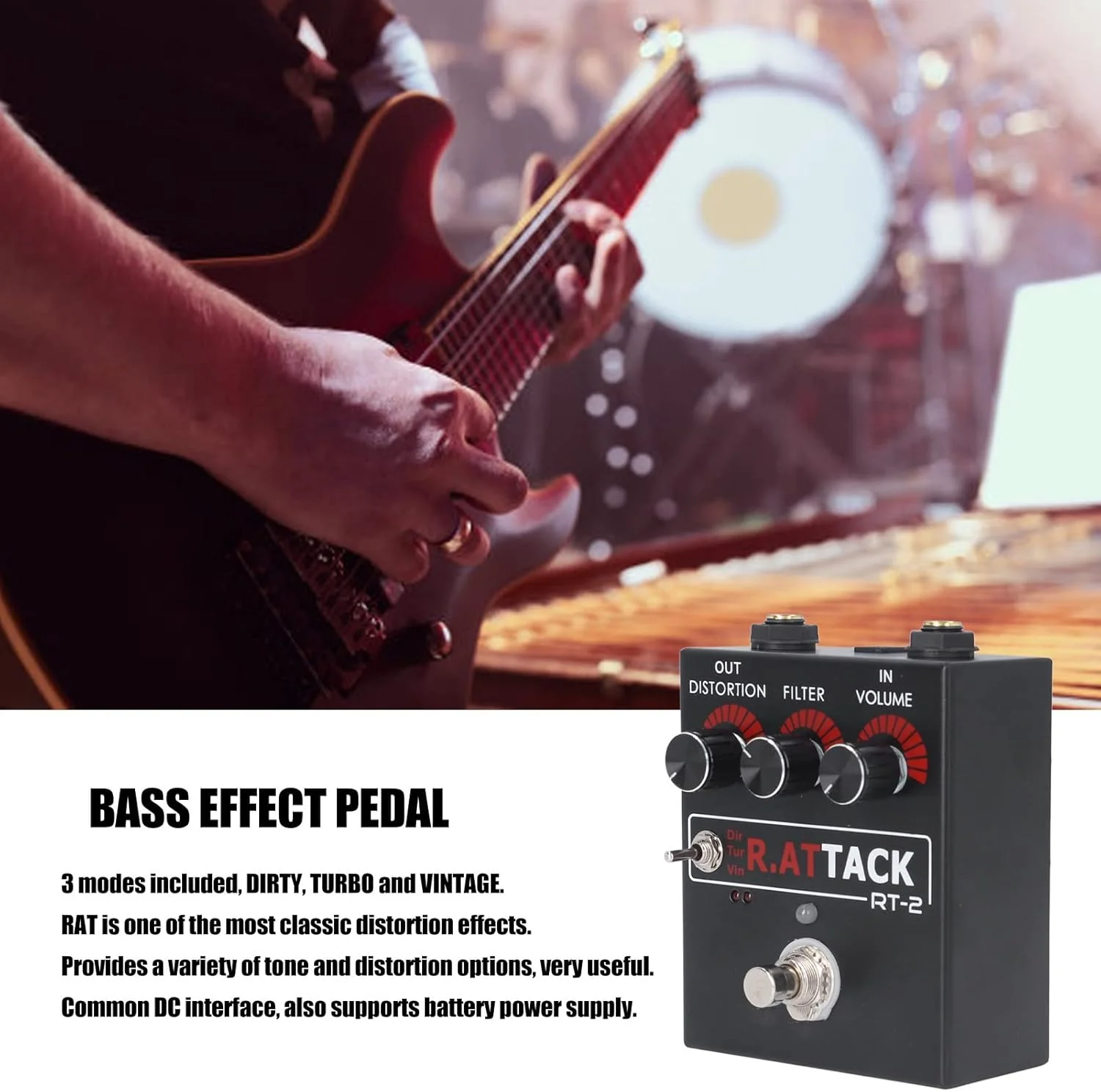 پدال افکت گیتار Fafeicy، دیستورشن مینی آلیاژ آلومینیوم برای گیتار الکتریک با 3 حالت DIRTY VINTAGE برای نوازندگان