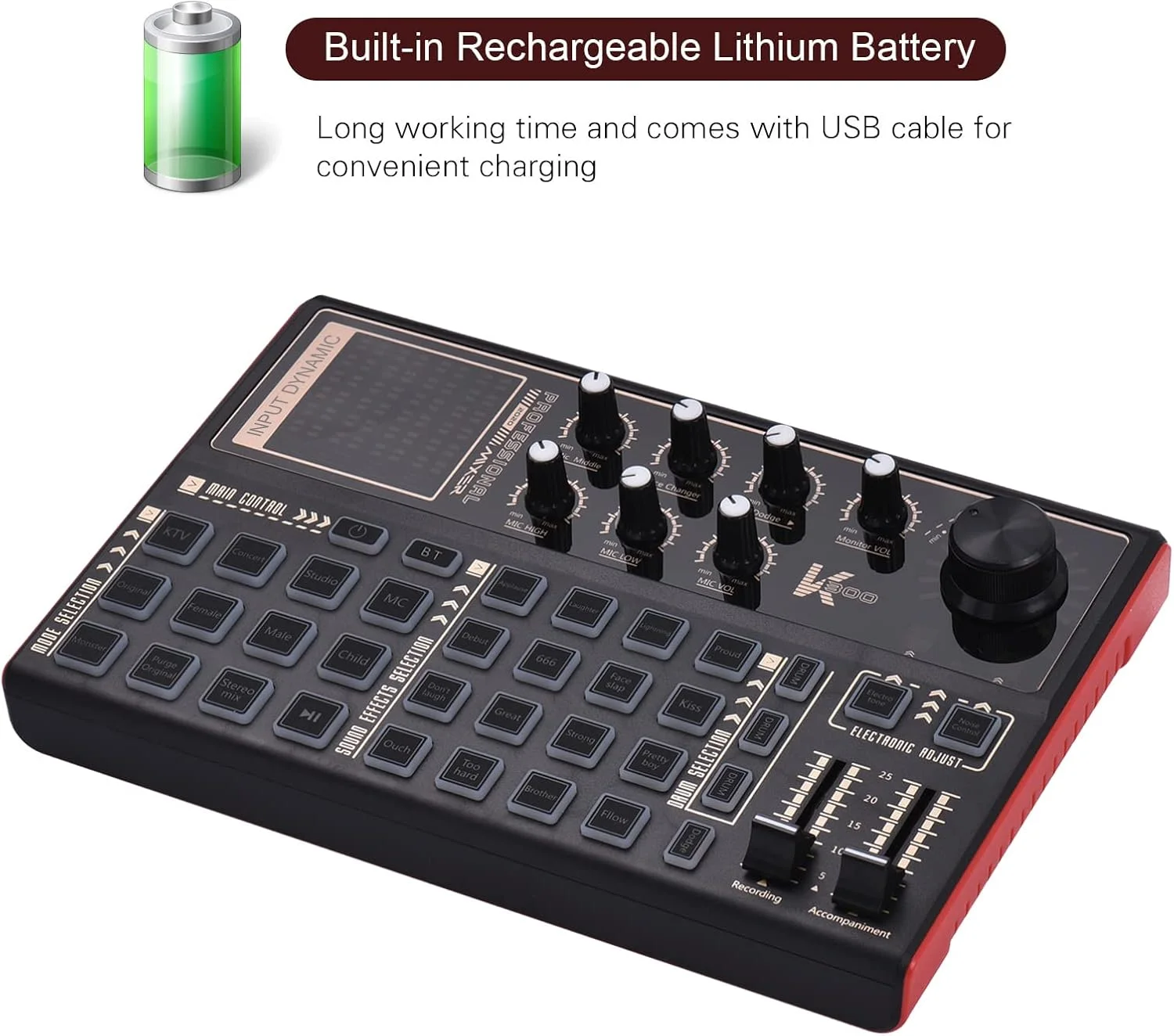 کارت صدا مدل 300، میکسر صوتی تغییر صدای خارجی با باتری قابل شارژ داخلی، جلوه های صوتی متعدد برای پخش زنده، ضبط موسیقی، تلفن هوشمند، کامپیوتر، بازی، کارائوکه