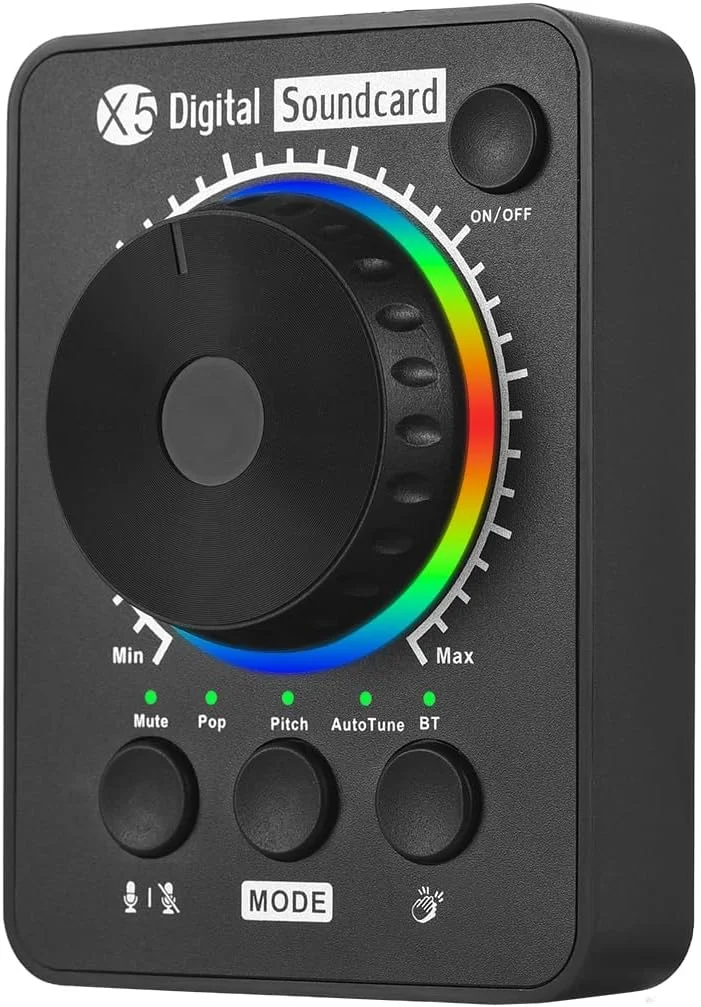 کارت صدای اکسترنال، کارت صدای استریم زنده، کارت صدای حرفه‌ای رومیزی برای استریم زنده، مناسب برای کامپیوتر، تلفن و لپ‌تاپ، پشتیبانی از ورودی موسیقی BT، همراه با دکمه تنظیم صدا USB
