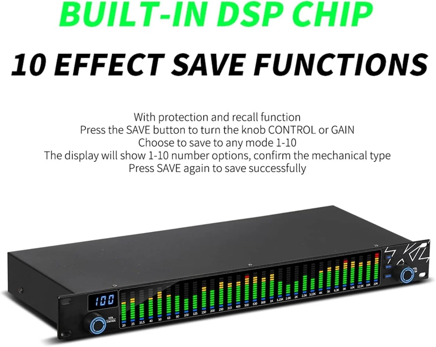 اکولایزر استریو برای سیستم صوتی خانگی، اکولایزر 31 باندی، کنترلر جلوه های اکولایزر گرافیکی، پردازنده میکسر دیجیتال DJ، حذف کننده فیدبک DSP (رنگ: بله)