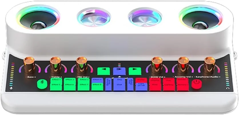 کارت صدا و تجهیزات پادکست صوتی دستگاه کارائوکه قابل حمل چند منظوره قابل شارژ کارت صدای BT تجهیزات پخش صدای الکتریکی با کاهش نویز DSP جلوه نور رنگارنگ برای پخش زنده