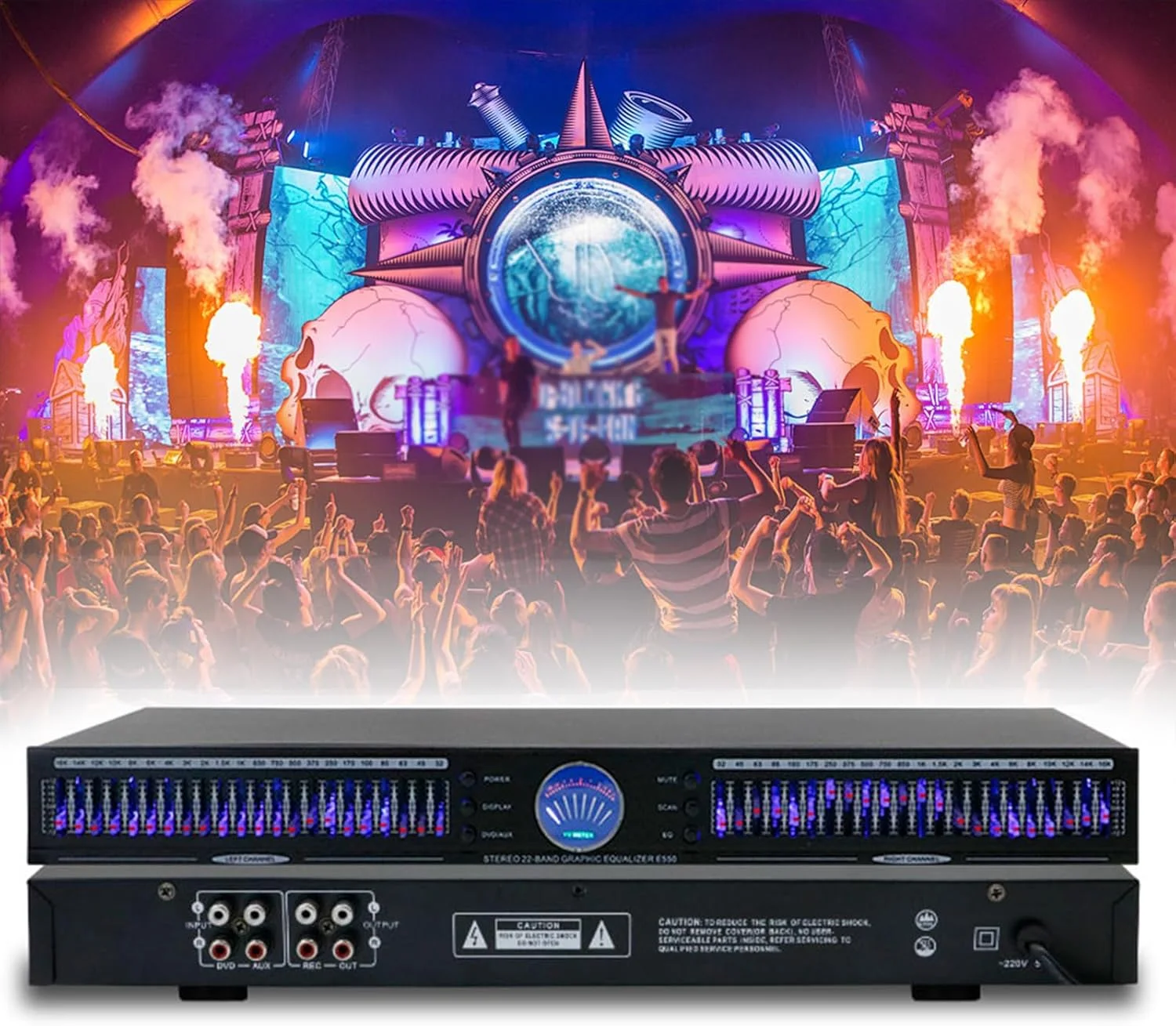 اکولایزر صوتی 22 باندی خانگی، اکولایزر گرافیکی HiFi، جداکننده با 10 جلوه از پیش تعیین شده، کاهش نویز خودکار، دو کاناله، اکولایزر دیجیتال صوتی قابل نصب در رک 1U برای استودیوی ضبط