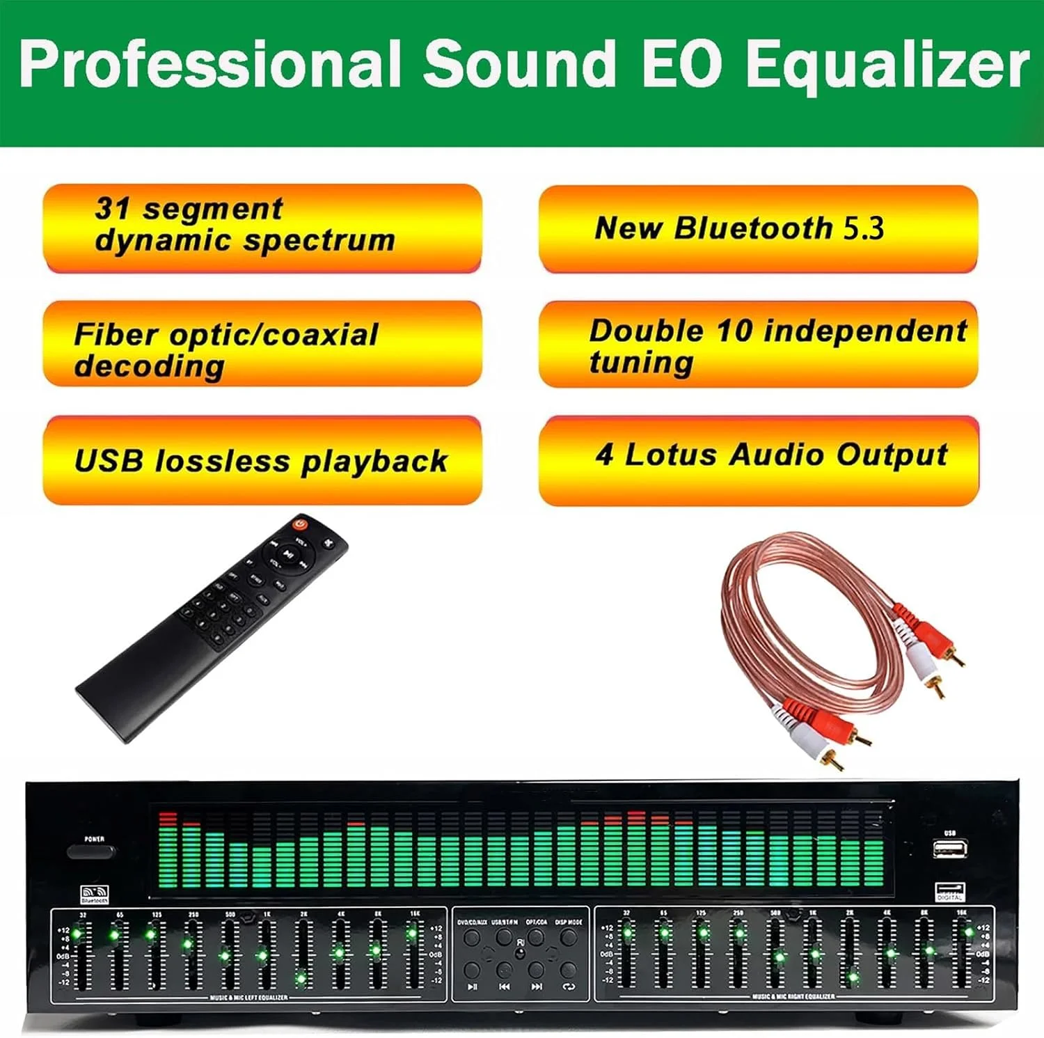اکولایزر دیجیتال 31 باندی، اکولایزر گرافیکی استریو صوتی دیجیتال، آنالایزر فرکانس موسیقی، بلوتوث 5.3، 12 الگوی ریتم، اپتیکال/کواکسیال، کاهش نویز، برای استودیوی ضبط