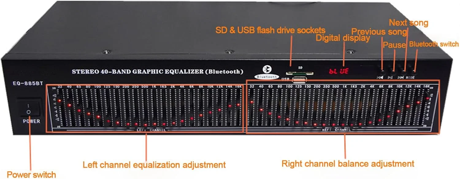 اکولایزر استریو دوگانه 20 باندی، کنترلر افکت های صوتی دیجیتال با بلوتوث 5.0 و کنترل از راه دور، اکولایزر تنظیم Hi-Fi خانگی، کاهش نویز، برای استودیوهای ضبط
