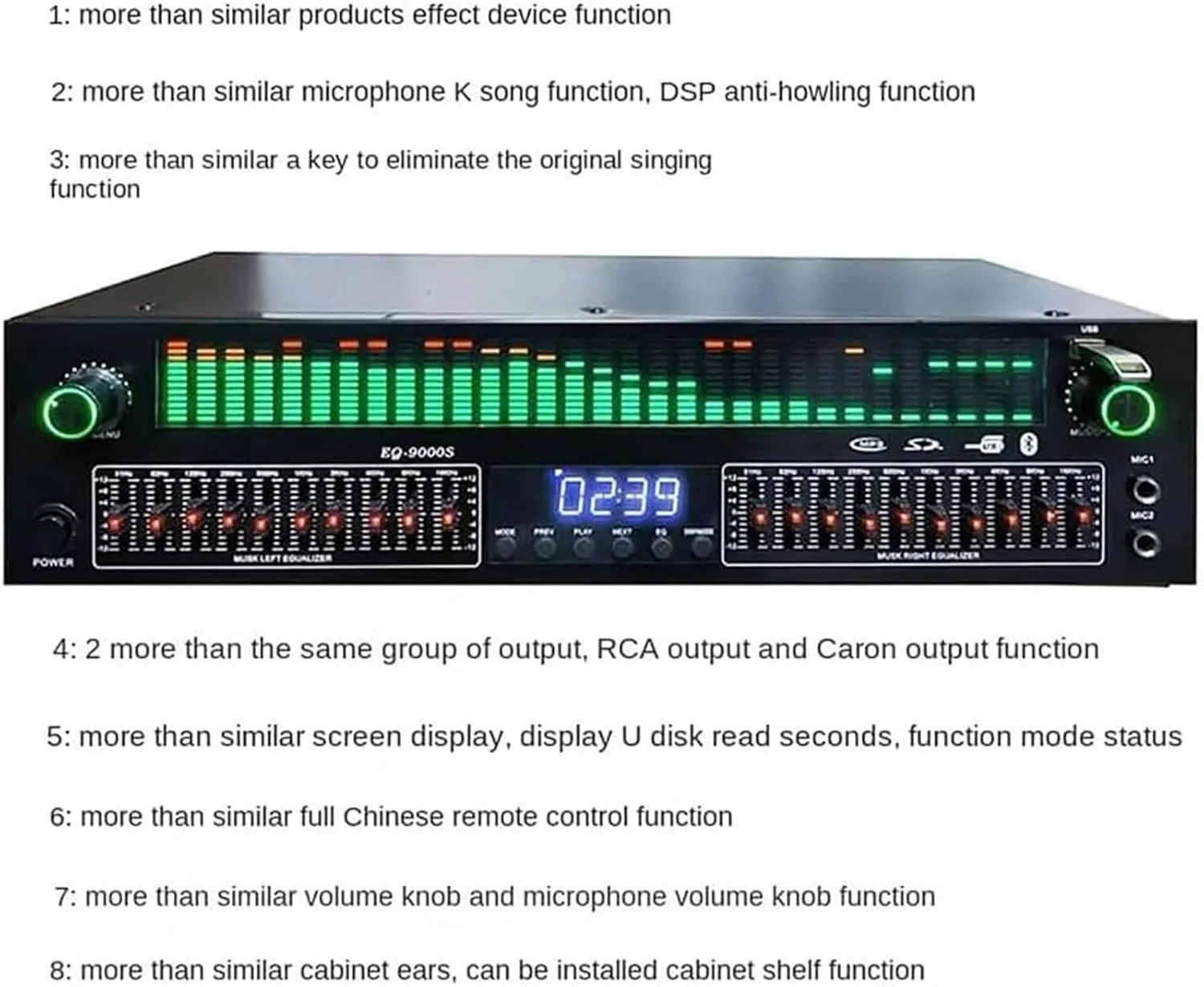 اکولایزر دیجیتال 31 باندی، اکولایزر گرافیکی استریو، رابط میکروفون دوتایی و رابط درایو USB، 12 الگوی ریتم، تنظیم مستقل دوگانه 10 قسمتی، کاهش نویز، برای استودیوی ضبط