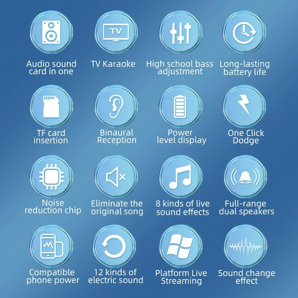 کارت صدا و تجهیزات پادکست صوتی دستگاه کارائوکه قابل حمل چند منظوره قابل شارژ کارت صدای BT تجهیزات پخش صدای الکتریکی با کاهش نویز DSP جلوه نور رنگارنگ برای پخش زنده