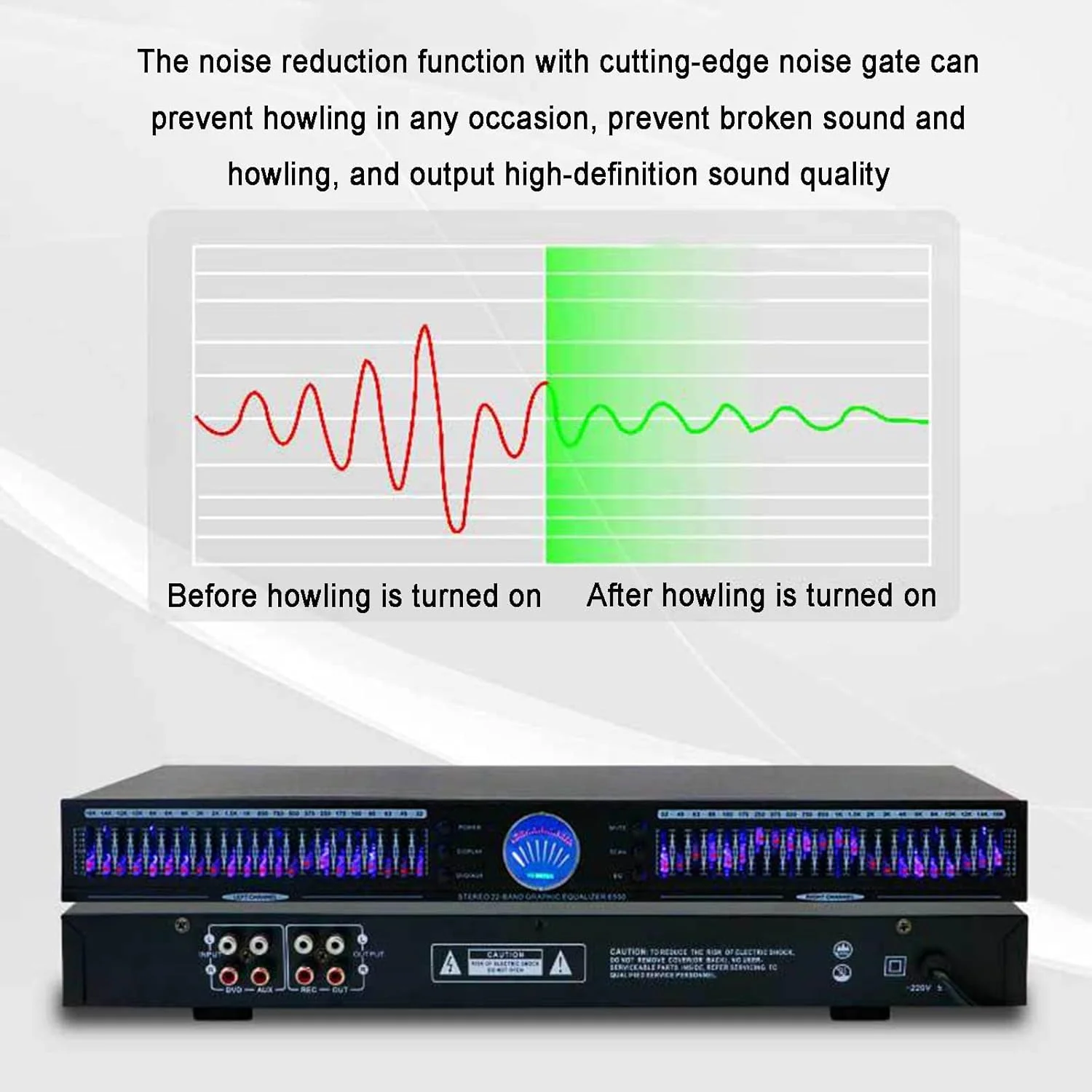 اکولایزر صوتی 22 باندی خانگی، اکولایزر گرافیکی HiFi، جداکننده با 10 جلوه از پیش تعیین شده، کاهش نویز خودکار، دو کاناله، اکولایزر دیجیتال صوتی قابل نصب در رک 1U برای استودیوی ضبط