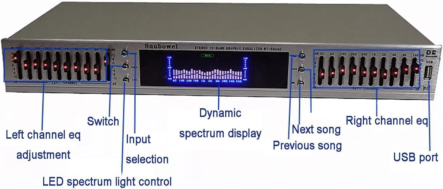اکولایزر صوتی HiFi 20 باندی، اکولایزر تنظیم جلوه‌های گرافیکی دیجیتال حرفه‌ای با بلوتوث/USB داخلی و کنترل از راه دور، نمایشگر طیف LED، برای استودیوی ضبط خاکستری