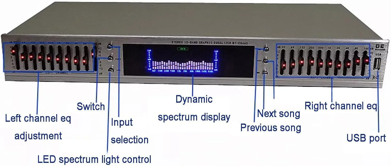 اکولایزر صوتی HiFi، اکولایزر گرافیکی دوگانه 10 باندی، با کنترل از راه دور، استریو بلوتوث، اکولایزر تنظیمات بالا/متوسط/باس، برای خانه، استودیوی ضبط
