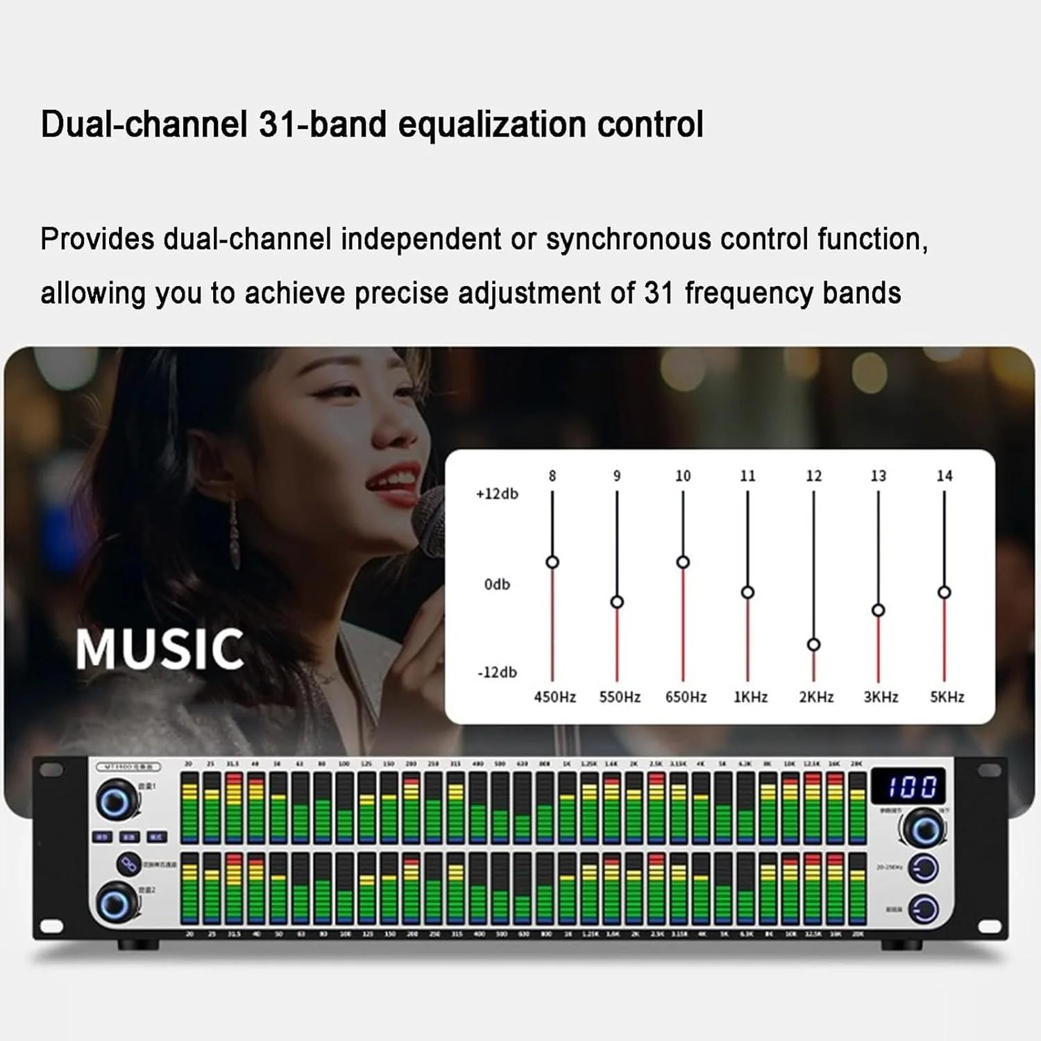 اکولایزر صوتی دیجیتال دوگانه 31 باندی، اکولایزر گرافیکی استریو HiFi با 10 افکت از پیش تنظیم شده، نمایشگر طیف LED، کاهش نویز خودکار، تنظیمات بالا/متوسط/پایین، برای استودیوی ضبط