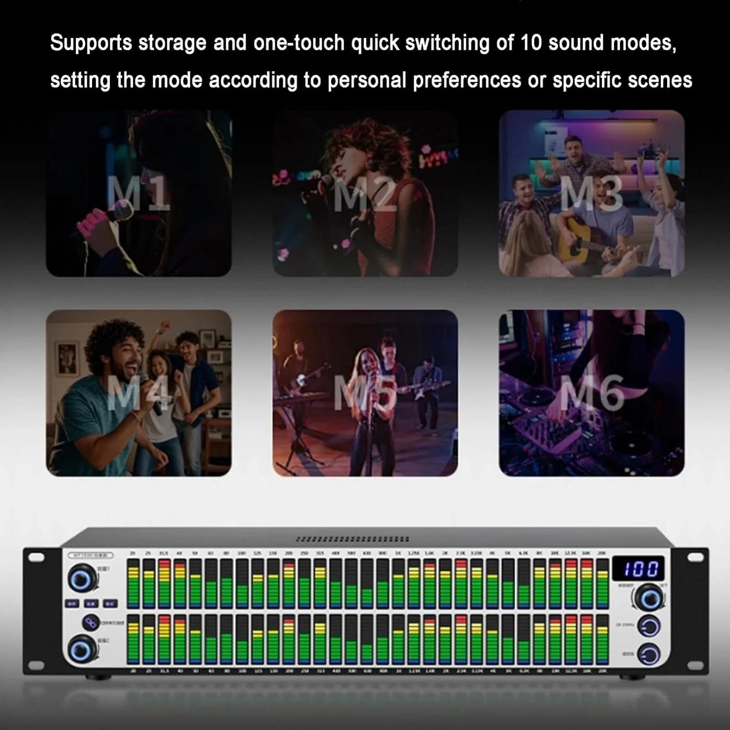 اکولایزر صوتی دیجیتال دوگانه 31 باندی، اکولایزر گرافیکی استریو HiFi با 10 افکت از پیش تنظیم شده، نمایشگر طیف LED، کاهش نویز خودکار، تنظیمات بالا/متوسط/پایین، برای استودیوی ضبط