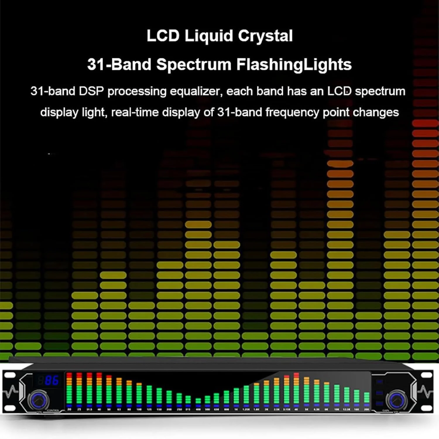 اکولایزر گرافیکی استریو 31 باندی، اکولایزر دیجیتال صدا، کنترل های صدا، 10 افکت از پیش تنظیم شده، کاهش نویز خودکار، تنظیم مستقل بیس/میانه/تریبل، برای استودیوی ضبط