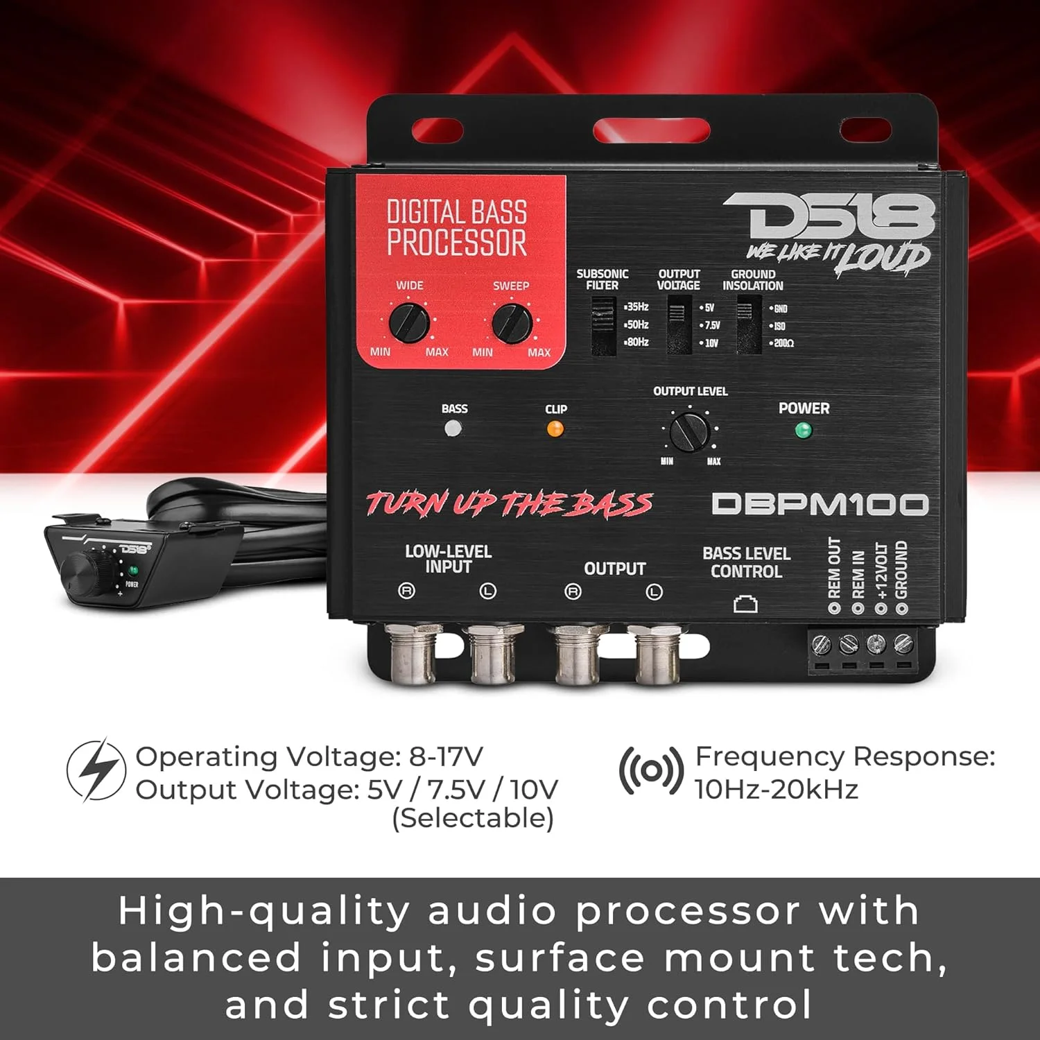پردازشگر باس دیجیتال DS18 DBPM100، ورودی/خروجی پری امپ 2 کاناله، فیلتر ساب سونیک، بازیابی باس دیجیتال، تقویت کننده باس، کنترل سطح از راه دور با LED کلیپ، پردازشگر باس کاملا قابل تنظیم