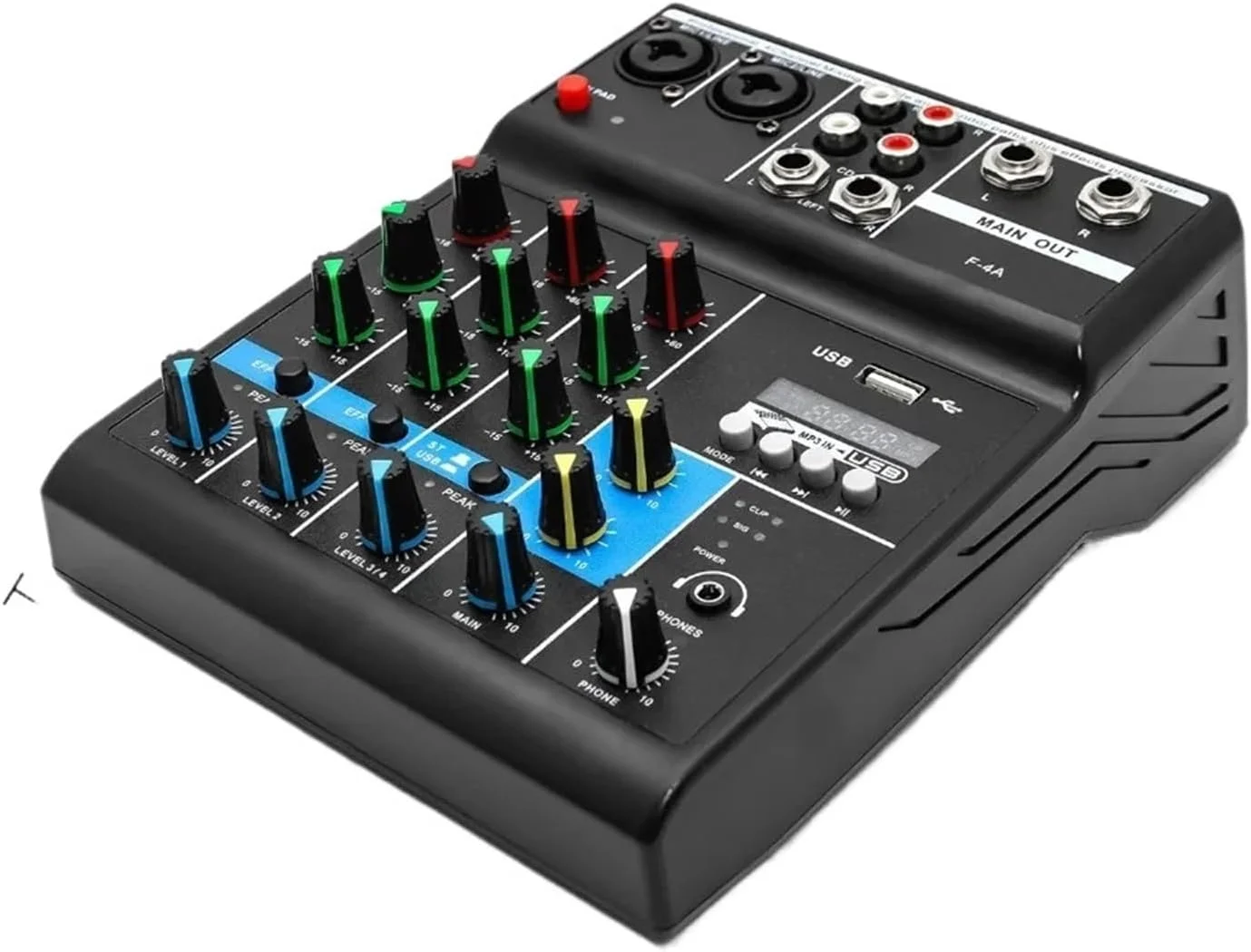 میکسر DJ، میکسر صوتی حرفه ای 4 کاناله با پردازنده افکت کارت صدا، تجهیزات حرفه ای، کنسول میکس، میکسر قابل حمل USB 4 کاناله