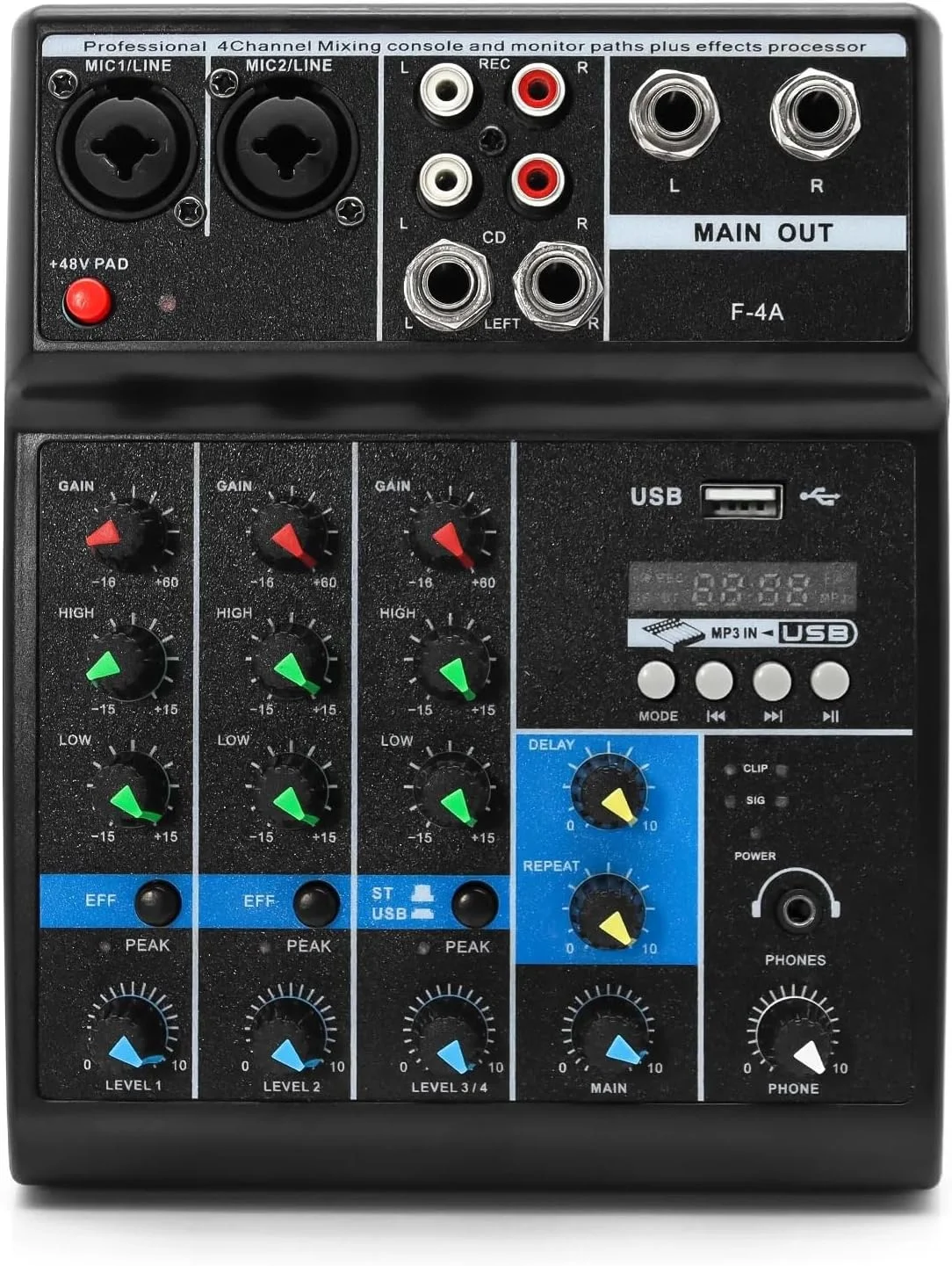 میکسر DJ، میکسر صوتی حرفه ای 4 کاناله با پردازنده افکت کارت صدا، تجهیزات حرفه ای، کنسول میکس، میکسر قابل حمل USB 4 کاناله