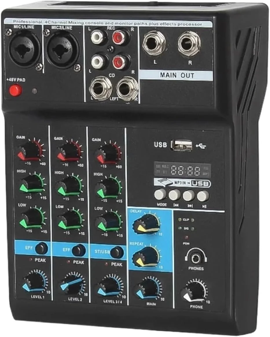 میکسر DJ، میکسر صوتی حرفه ای 4 کاناله با پردازنده افکت کارت صدا، تجهیزات حرفه ای، کنسول میکس، میکسر قابل حمل USB 4 کاناله