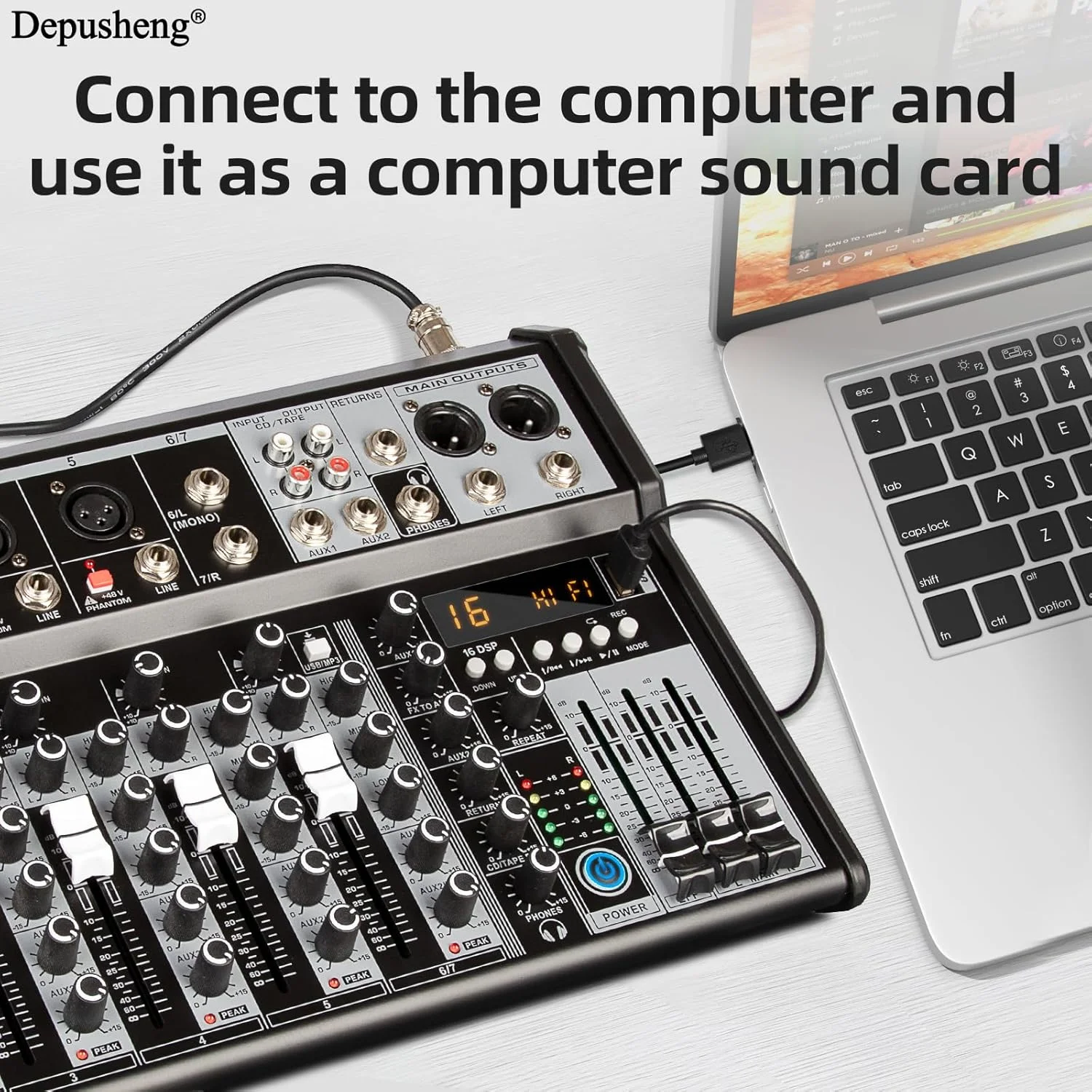 میکسر صدای حرفه ای Depusheng، سیستم میز صدا با رابط صوتی 7 کاناله، میکسر بلوتوث DSP 16 بیتی + افکت شبح 48 ولت برای استودیو ضبط استریم