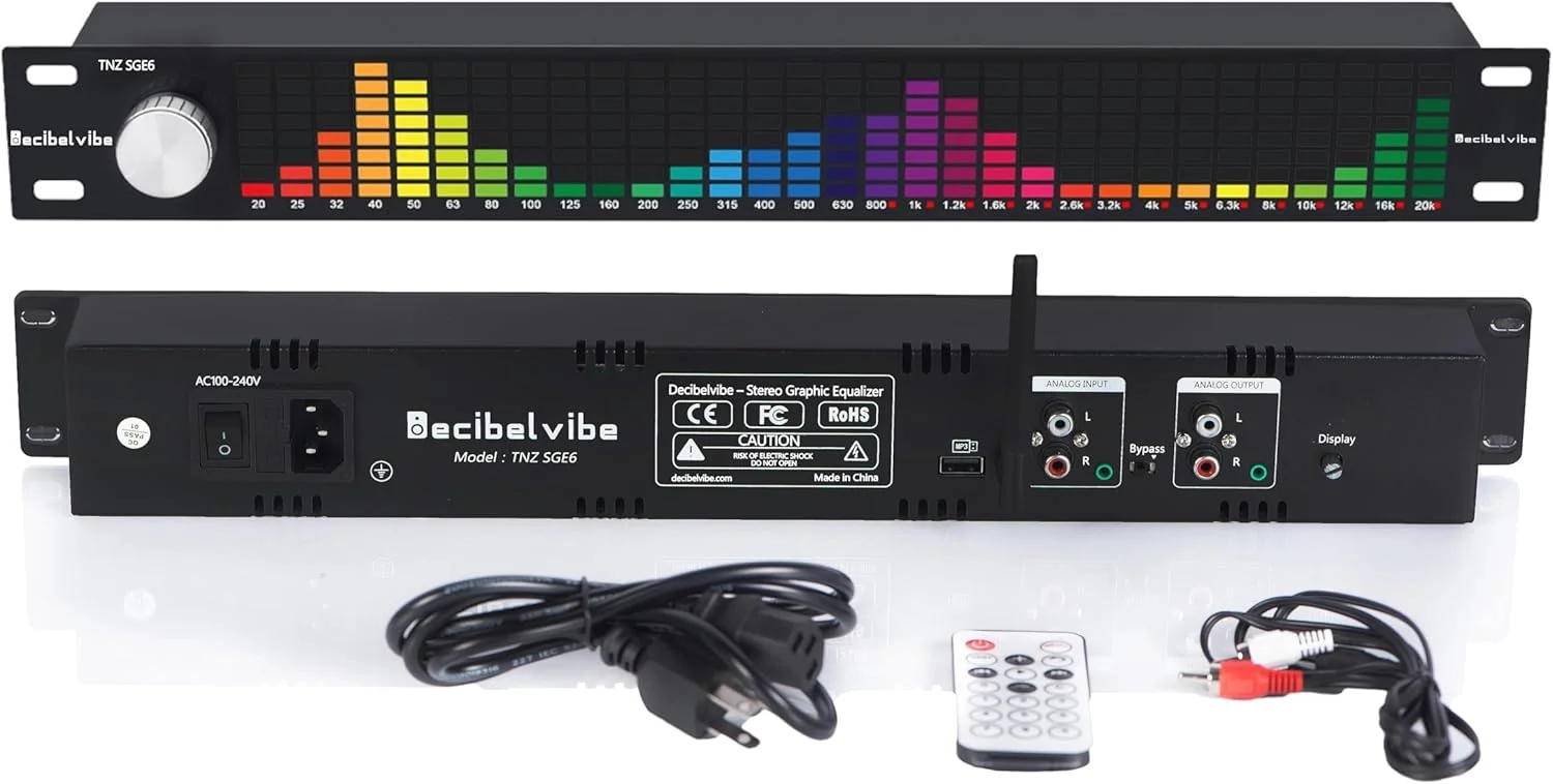 Decibelvibe TNZ SGE6 - اکولایزر گرافیکی صوتی با ورودی و خروجی کمکی RCA/3.5 در پشت، میکروفون داخلی، ورودی USB و بلوتوث، پری امپ برای صوتی خانگی، DJ، تنظیمات صوتی HiFi (نقره ای)