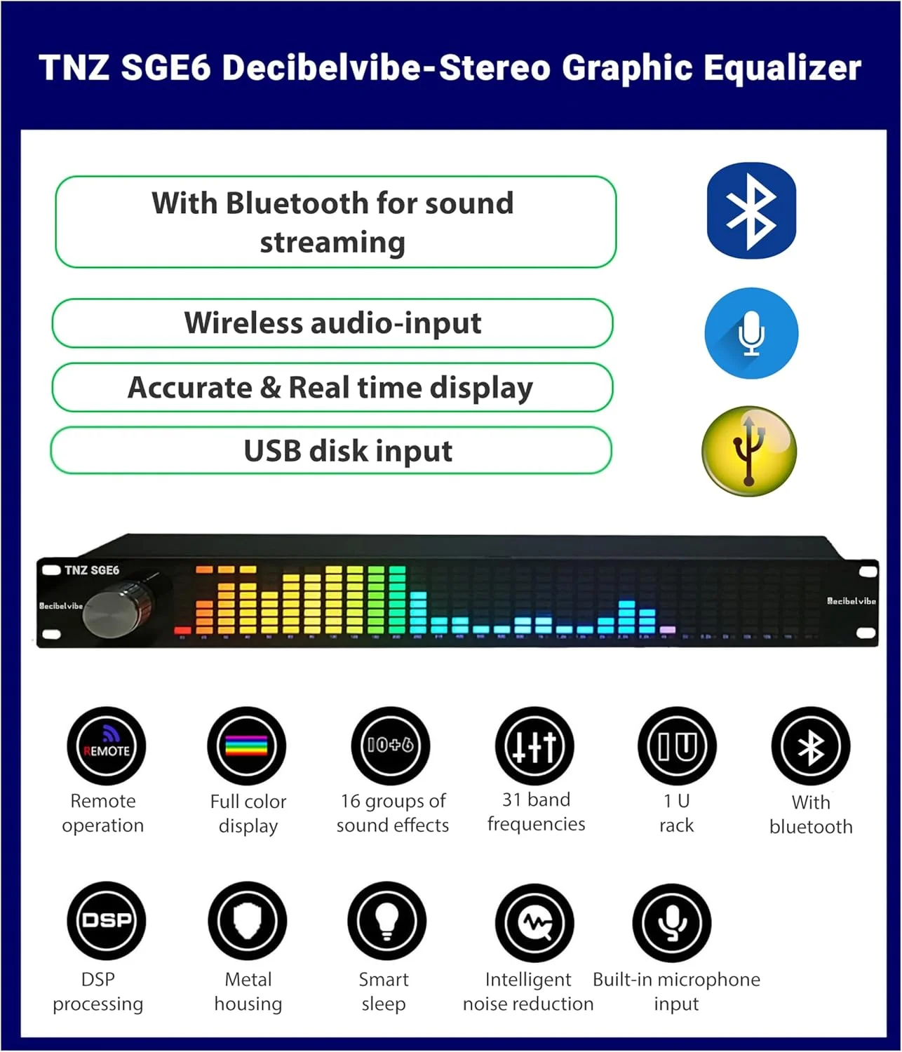 Decibelvibe TNZ SGE6 - اکولایزر گرافیکی صوتی با ورودی و خروجی کمکی RCA/3.5 در پشت، میکروفون داخلی، ورودی USB و بلوتوث، پری امپ برای صوتی خانگی، DJ، تنظیمات صوتی HiFi (نقره ای)