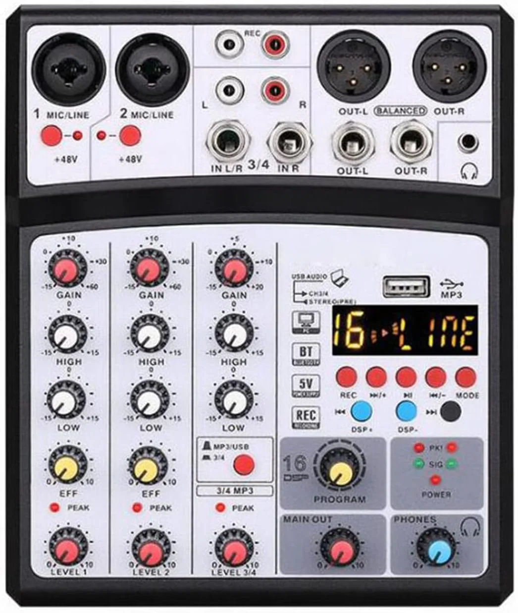 میکسر DJ 4 کانال صوتی، میکسر صدا، کنسول DJ، رابط صوتی USB، کارت صدای ضبط، 16 افکت DSP، میز میکسر استودیویی، مشکی