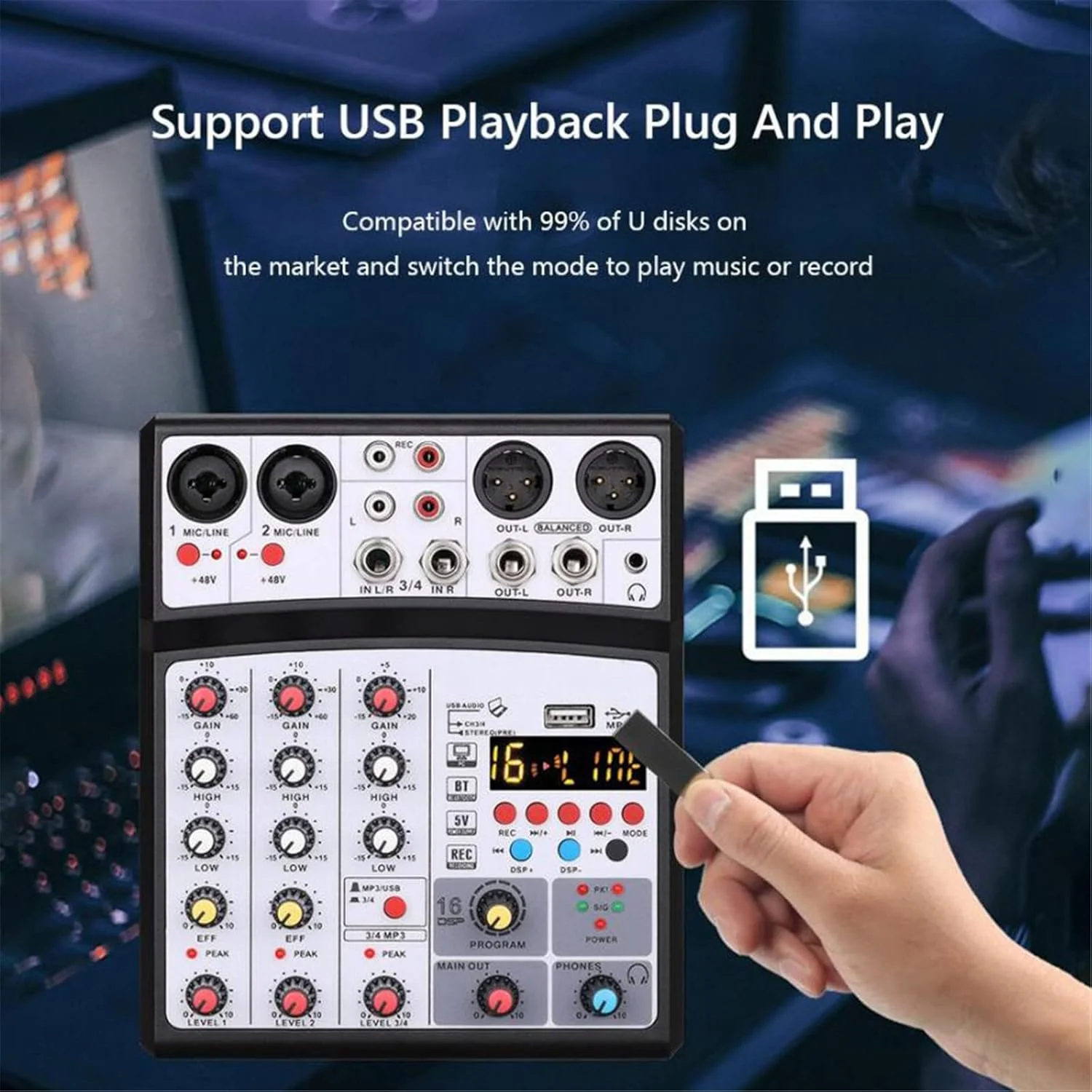 میکسر DJ 4 کانال صوتی، میکسر صدا، کنسول DJ، رابط صوتی USB، کارت صدای ضبط، 16 افکت DSP، میز میکسر استودیویی، مشکی