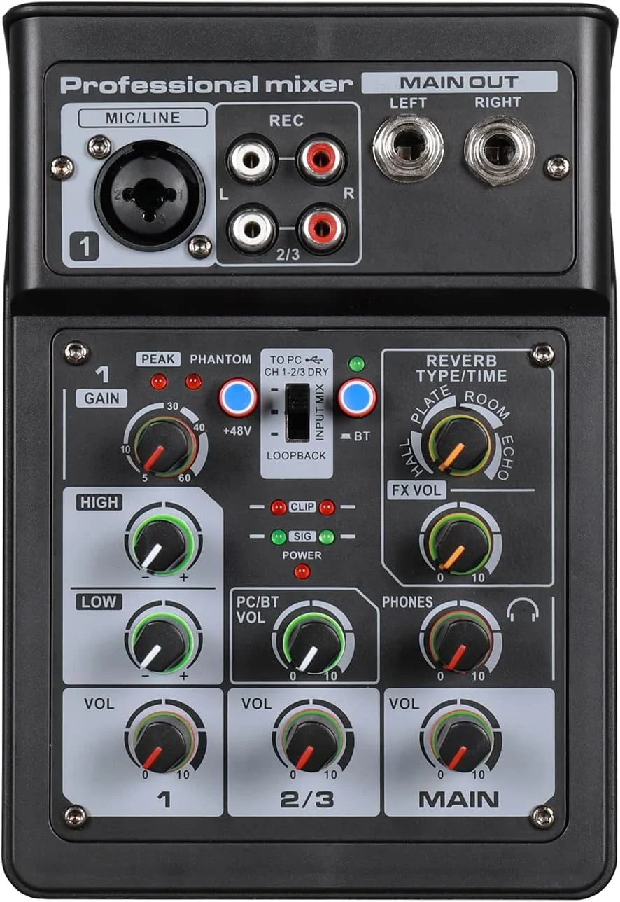 میکسر صدا 3 کاناله BT، کنسول سیستم برد صدای استریو دیجیتال DSP با افکت صحنه، دارای کارت صدای ضبط ترک، عملکرد OTG، ورودی XLR RCA برای استودیو DJ و پخش زنده