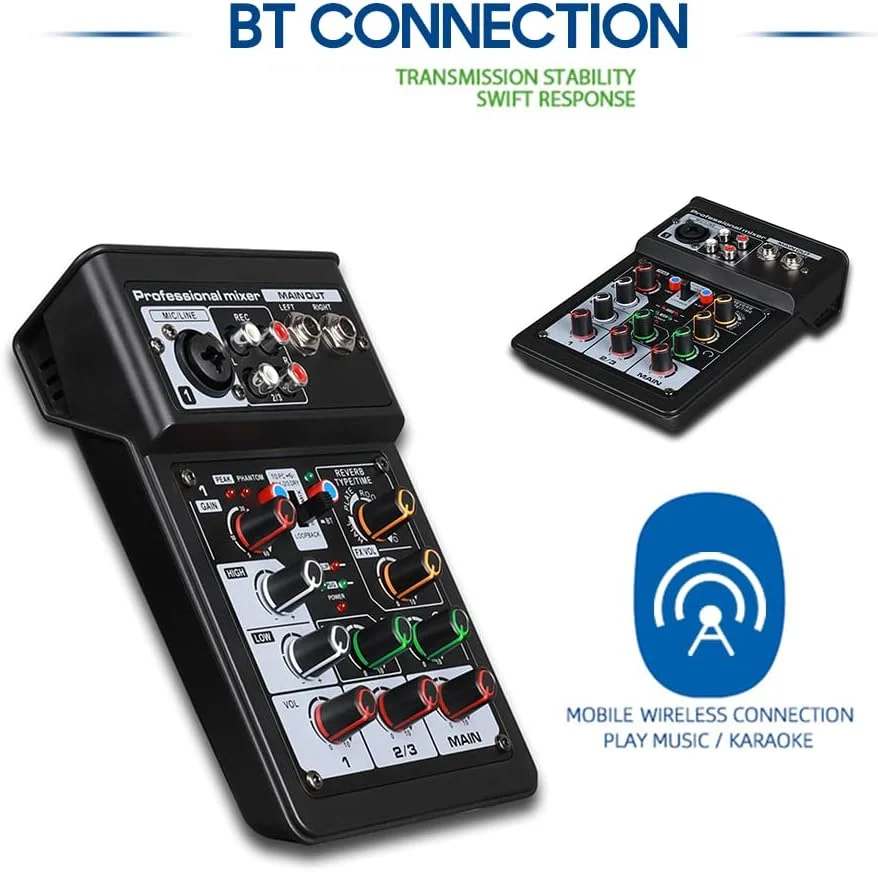 میکسر صدا 3 کاناله BT، کنسول سیستم برد صدای استریو دیجیتال DSP با افکت صحنه، دارای کارت صدای ضبط ترک، عملکرد OTG، ورودی XLR RCA برای استودیو DJ و پخش زنده