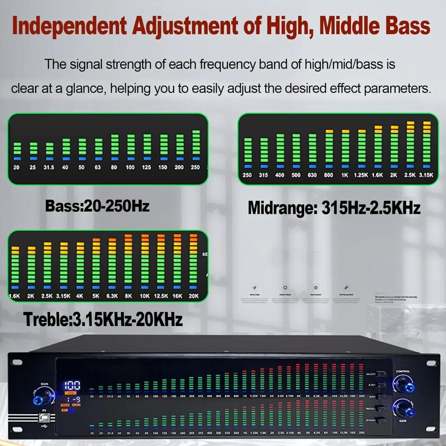 اکولایزر دو کاناله 31 باند، میکسر صوتی استریو دوگانه، کنترلر جلوه‌های اکولایزر گرافیکی، پردازنده میکسر دیجیتال DJ برای خانه/KTV/بار/استیج (رنگ: دوب)