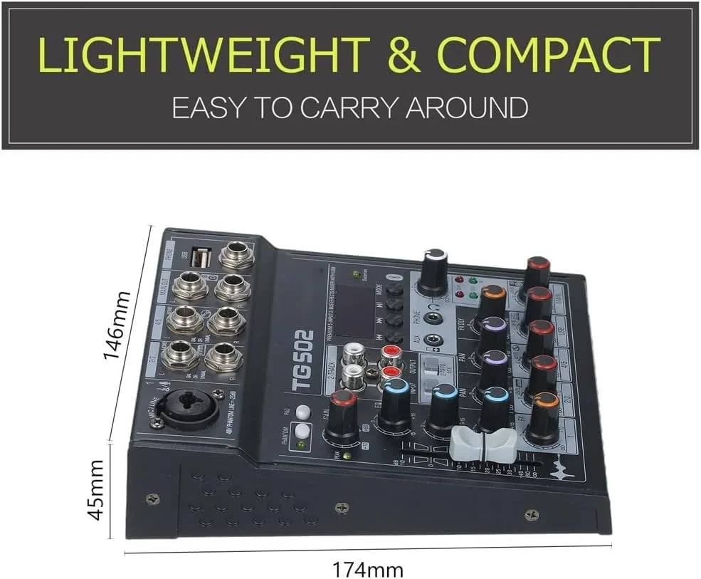 میکسر صوتی TG 502، سیستم کنسول استریو 4 کاناله، منبع تغذیه فانتوم 48 ولت برای پخش زنده، بازی و پادکست