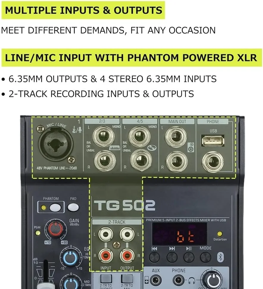 میکسر صوتی TG 502، سیستم کنسول استریو 4 کاناله، منبع تغذیه فانتوم 48 ولت برای پخش زنده، بازی و پادکست
