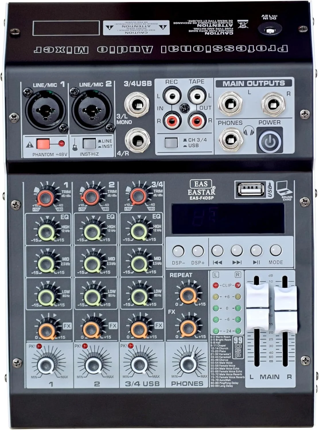 میکسر صوتی 4 کانال مناسب استیج، استودیو، ضبط استریو، دی جی، میکسر صوتی حرفه ای، کنسول برد صدا، رابط سیستم 4 کانال با فانتوم پاور 48 ولت (4 کانال DSP)