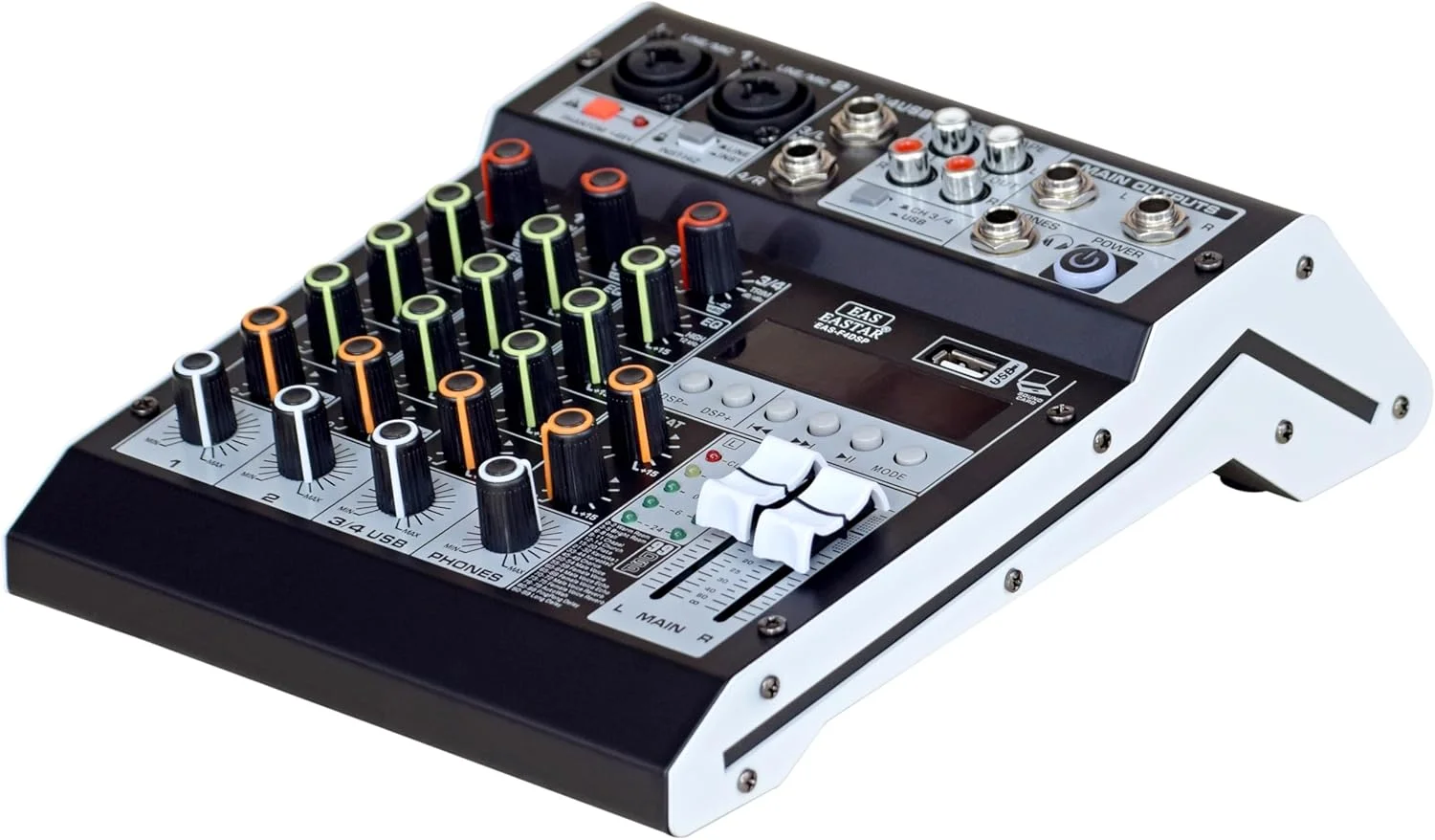 میکسر صوتی 4 کانال مناسب استیج، استودیو، ضبط استریو، دی جی، میکسر صوتی حرفه ای، کنسول برد صدا، رابط سیستم 4 کانال با فانتوم پاور 48 ولت (4 کانال DSP)