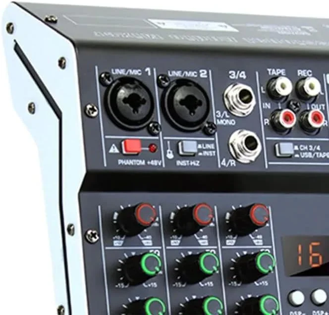 میکسر صوتی 4 کانال مناسب استیج، استودیو، ضبط استریو، دی جی، میکسر صوتی حرفه ای، کنسول برد صدا، رابط سیستم 4 کانال با فانتوم پاور 48 ولت (4 کانال DSP)