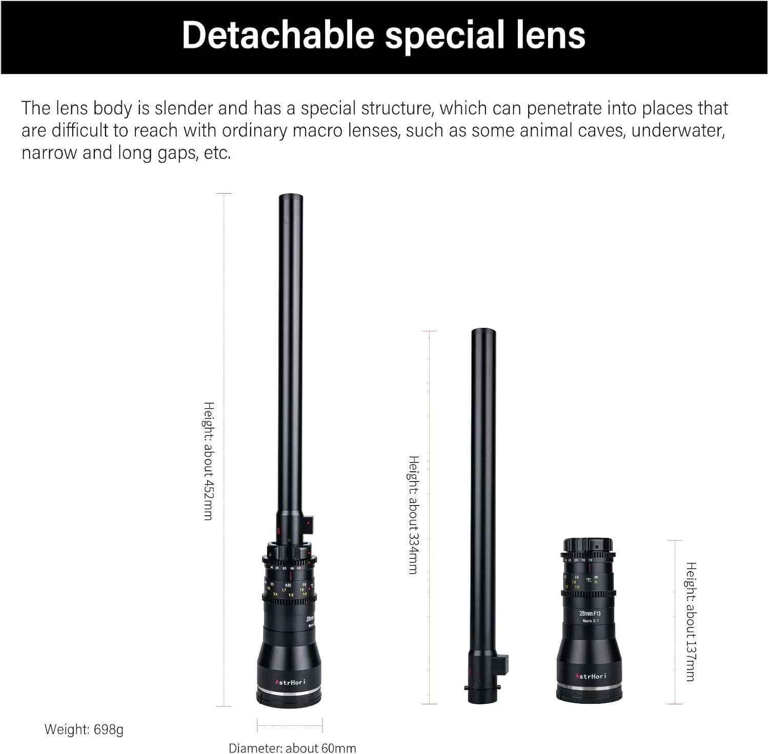 لنز ماکرو پروب 28mm F13 2X AstrHori، لنز تخصصی فول فریم با نور حلقوی داخلی برای دوربین های بدون آینه سری Nikon Z مدل های Z5, Z6, Z6II, Z7, Z7II, Z9, Z50, ZFC و غیره (مشکی)