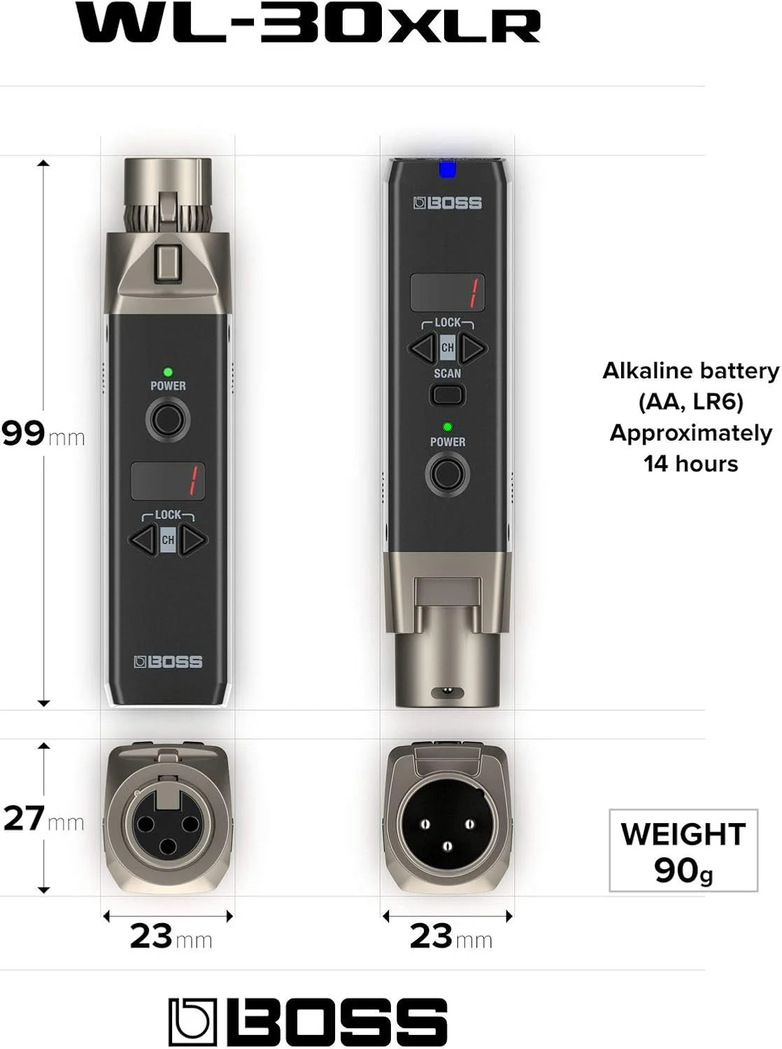 سیستم میکروفون بی سیم BOSS Wl-30Xlr | گیرنده و فرستنده با باتری ممتاز برای صدای بی سیم با تأخیر فوق العاده کم، تا 70 متر