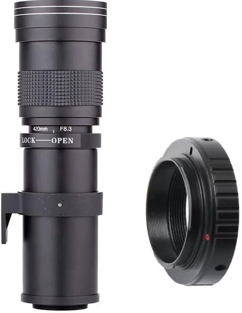 لنز زوم تله فوتو دستی Lightdow 420-800mm F/8.3-16 به همراه آداپتورهای حلقه T2 برای دوربین های کانن، نیکون، سونی، پنتاکس و المپوس (مشکی نیکون F)