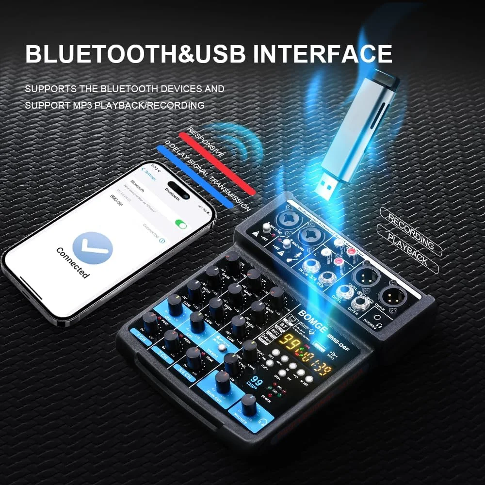میکسر صدای 4 کاناله بلوتوثی مینی DJ BOMGE با افکت (24dsp)، رابط USB، ضبط استریو، فانتوم پاور، برای پخش زنده، استریم، تلویزیون، کامپیوتر و تلفن.