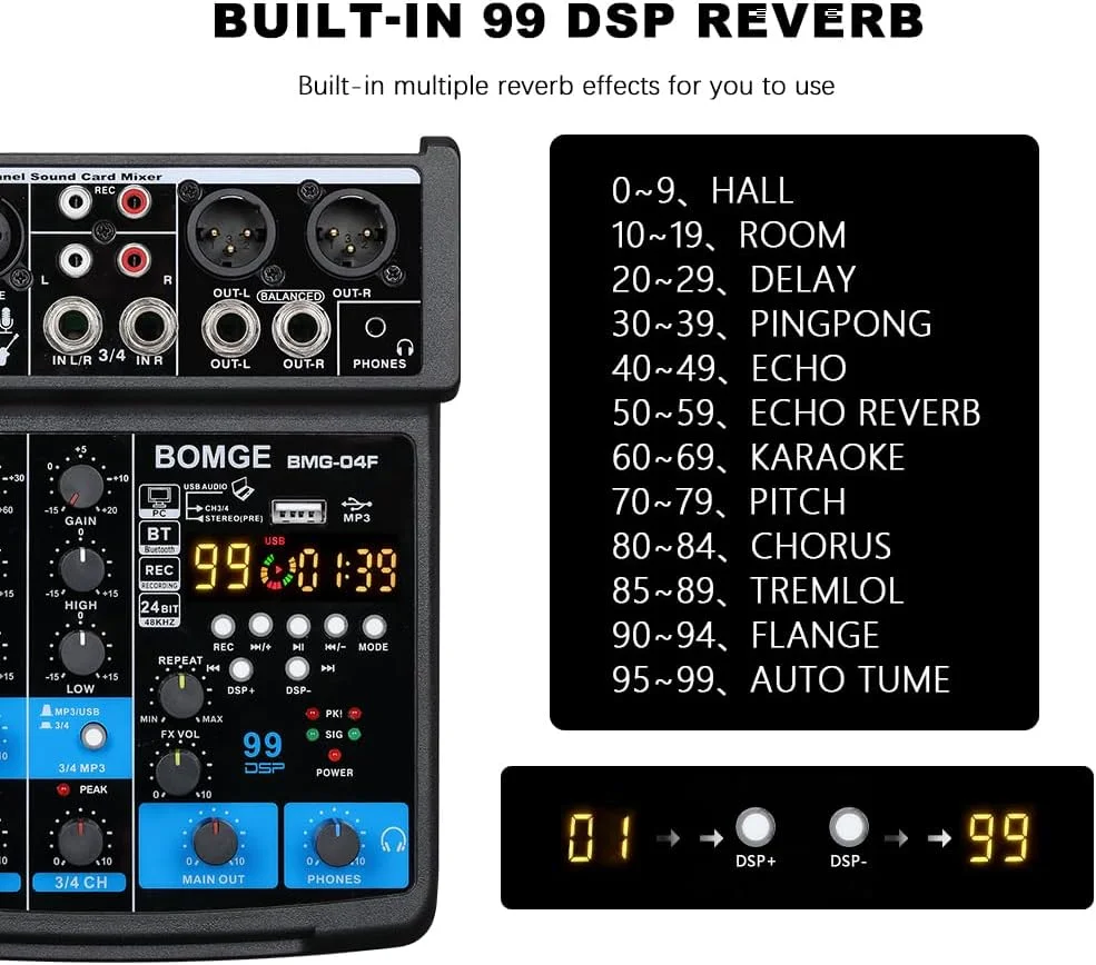 میکسر صدای 4 کاناله بلوتوثی مینی DJ BOMGE با افکت (24dsp)، رابط USB، ضبط استریو، فانتوم پاور، برای پخش زنده، استریم، تلویزیون، کامپیوتر و تلفن.