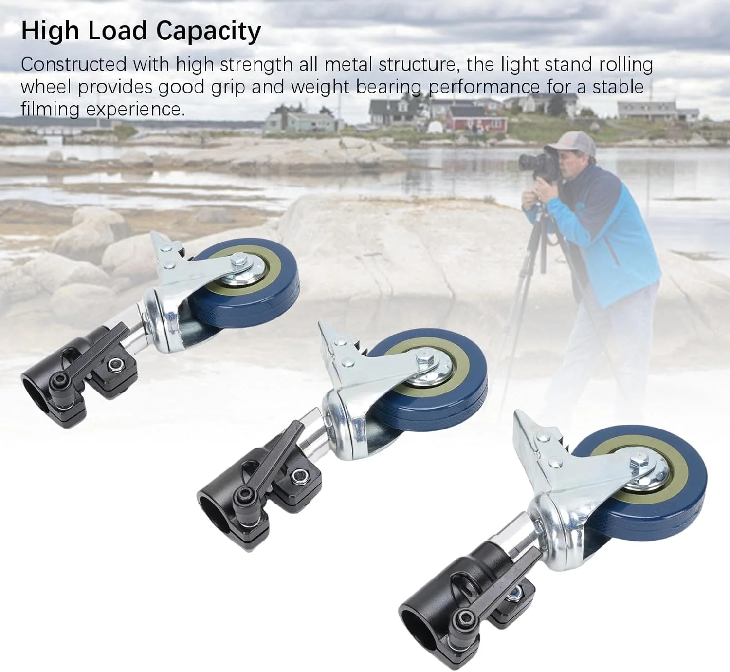 ست چرخ‌های گردان حرفه‌ای، بسته 3 عددی چرخ لاستیکی ضد لغزش با چرخش 360 درجه و قفل ترمز برای پایه نور سنگین 25 میلی‌متری، ابزار نورپردازی فلزی بی‌صدا