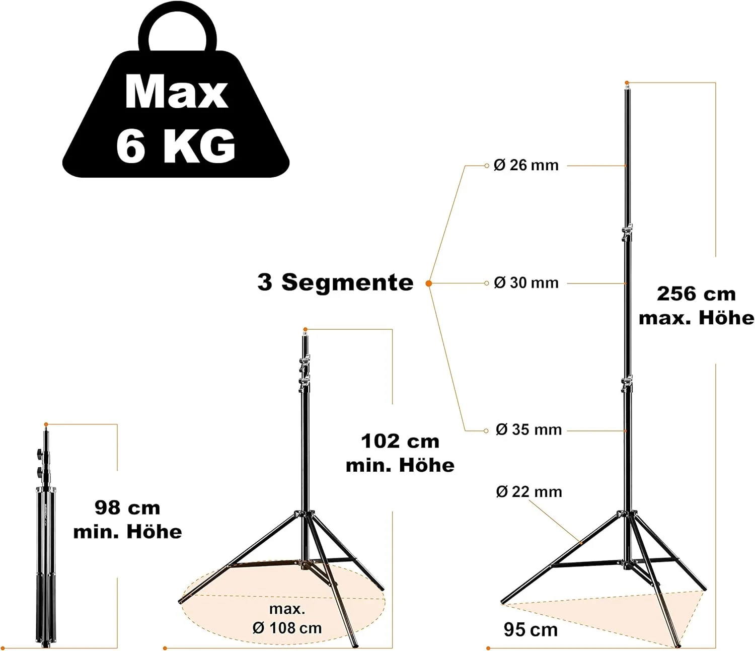 مجموعه ۳ عددی پایه نور والیمکس پرو WT-806 (دارای سیستم فنری میرایی، حداکثر ارتفاع ۲۵۶ سانتی متر، ظرفیت بارگیری ۶ کیلوگرم، قابل تنظیم، ساخته شده از آلومینیوم، برای عکاسی استودیویی موبایل سافت باکس رفلکتور بوم) به همراه کیف