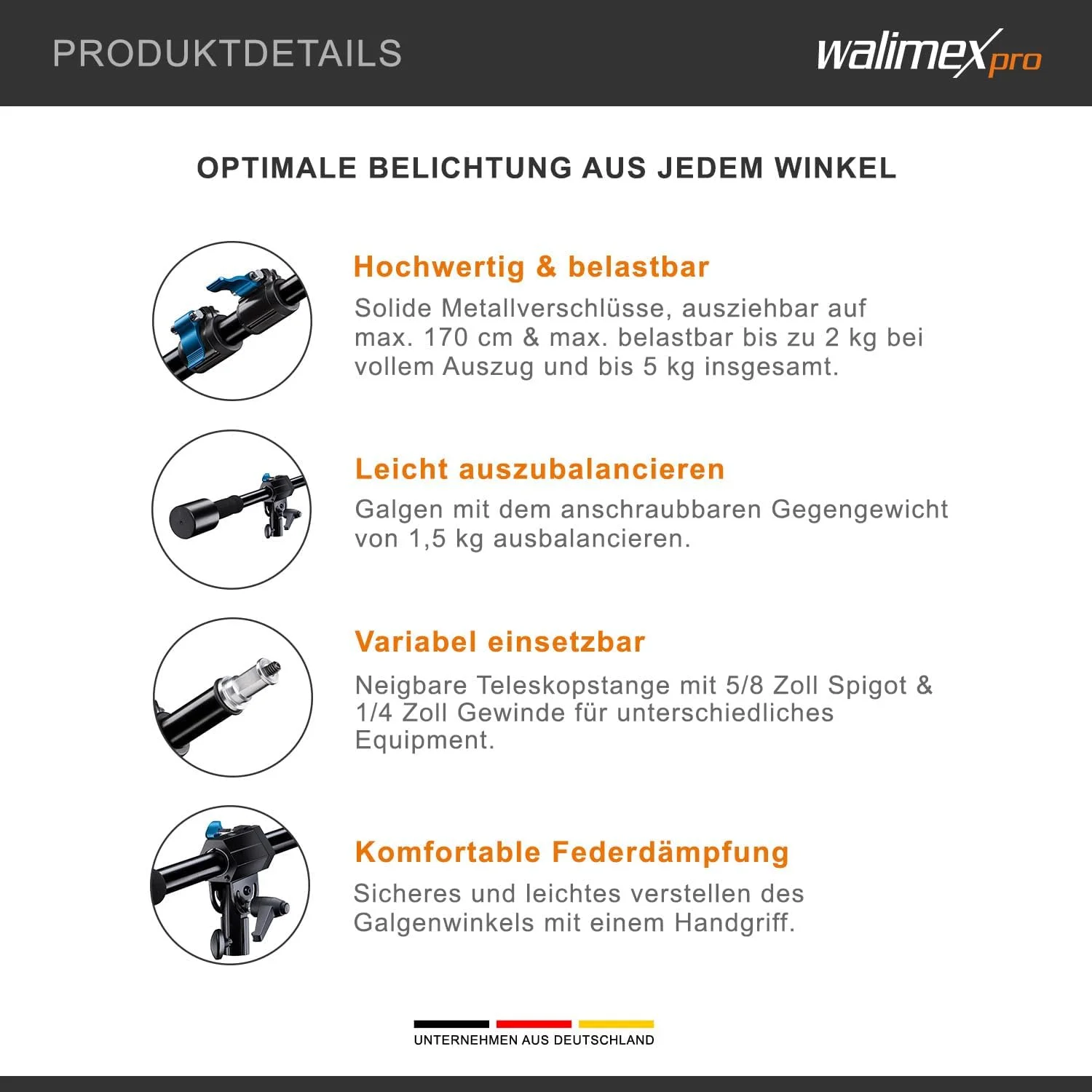 بازوی بوم والیمکس پرو (وزنه تعادل 70-183 سانتی متر، بازو، بازوی توسعه، سر گردان، بازوی آلومینیومی با 3 بخش، قابل تنظیم ارتفاع و طول، ظرفیت بار 2 تا 5 کیلوگرم)، مشکی