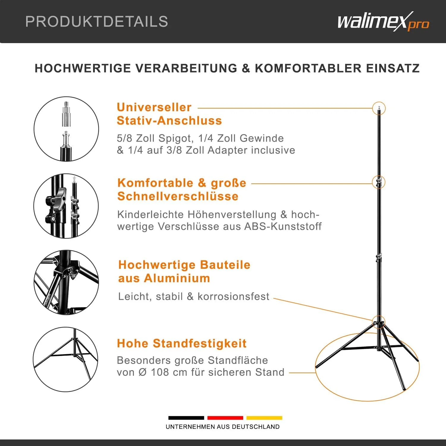 پایه نور والیمکس پرو WT-806 (دارای سیستم فنری میراگر، حداکثر 256 سانتی متر، ظرفیت بار 6 کیلوگرم، قابل تنظیم، ساخته شده از آلومینیوم، برای عکاسی استودیویی موبایل سافت باکس رفلکتور بوم) به همراه کیف حمل